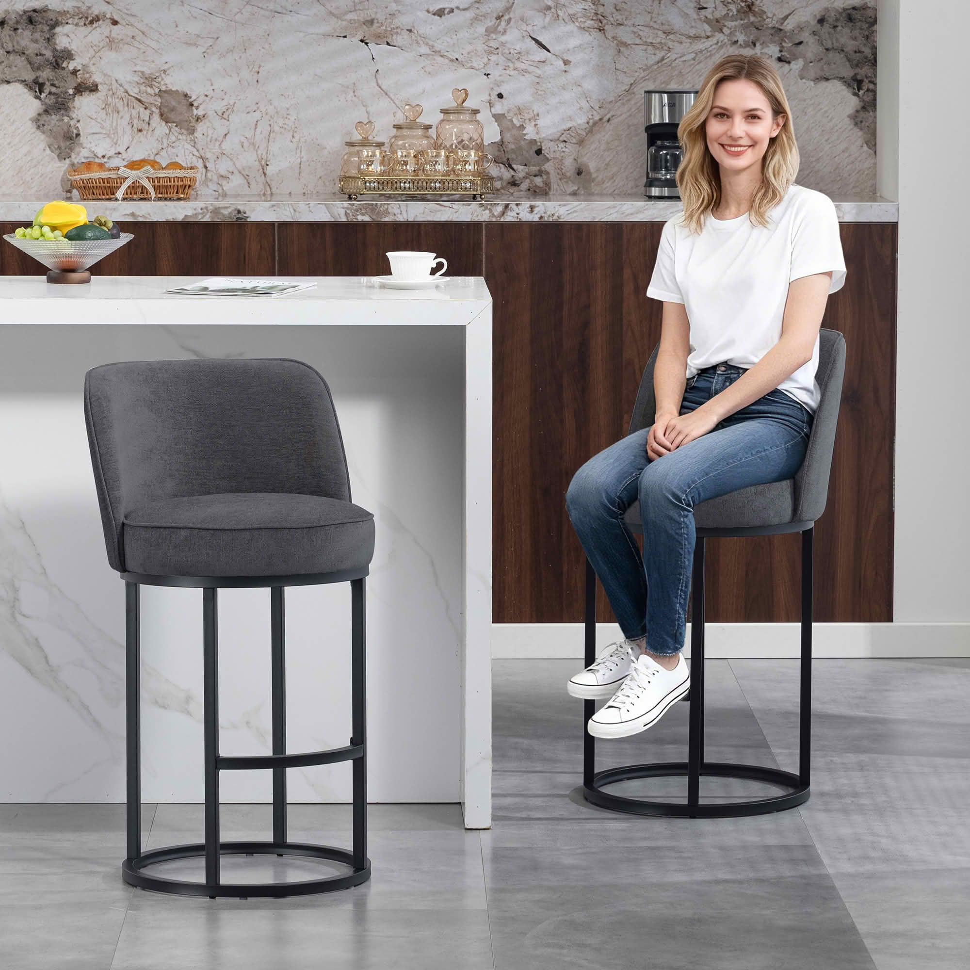 MAYEERTY Counter Height Bar Stools Set of 2, Barrel Back Linen Accent Stools with Footrest for Kitchen, Gray