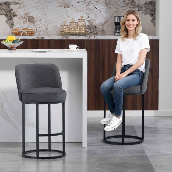 MAYEERTY Counter Height Bar Stools Set of 2, Barrel Back Linen Accent Stools with Footrest for Kitchen, Gray
