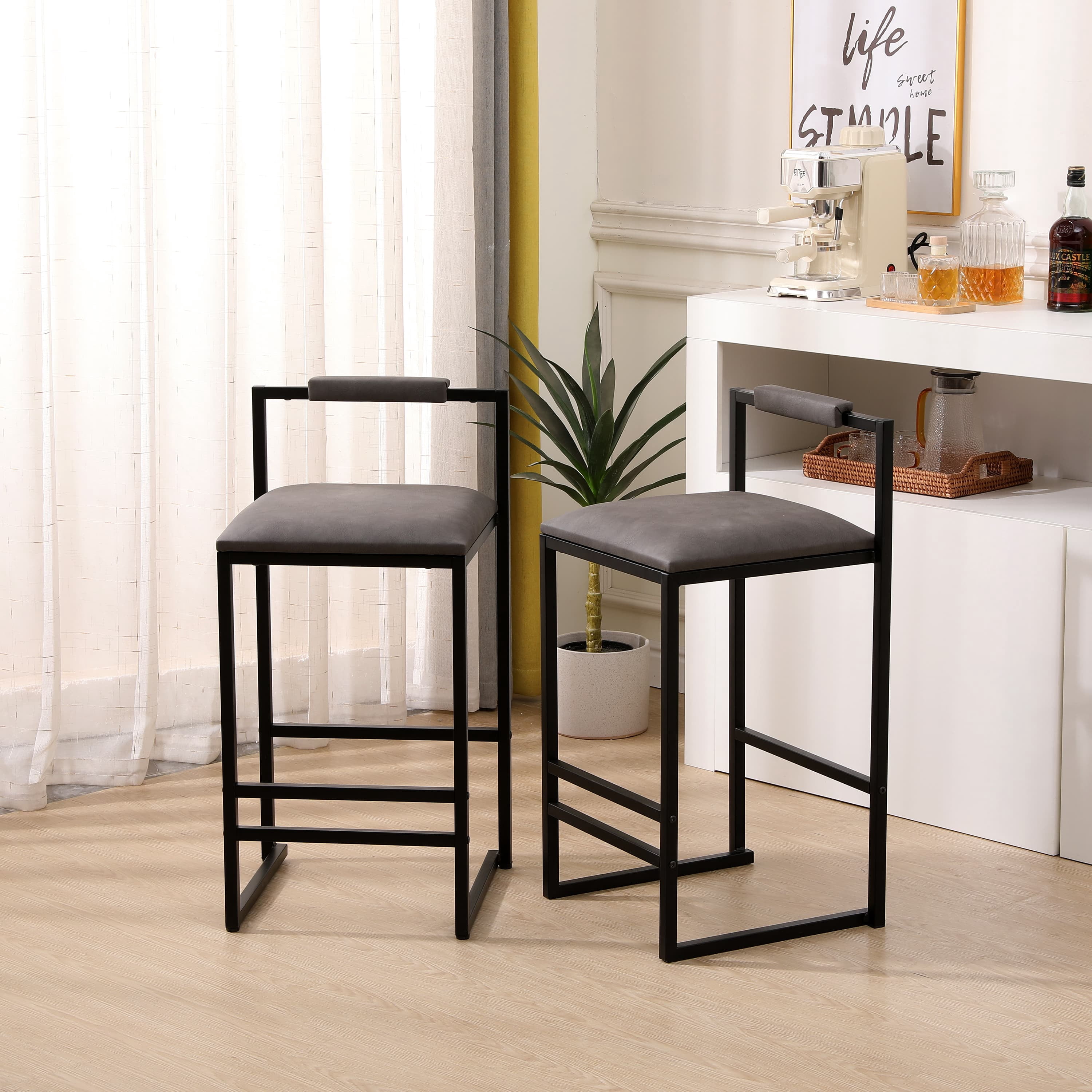 MAYEERTY Counter Height Barstools Set of 2 - with Back, Armless Metal Legs, PU Gray for Kitchen Island