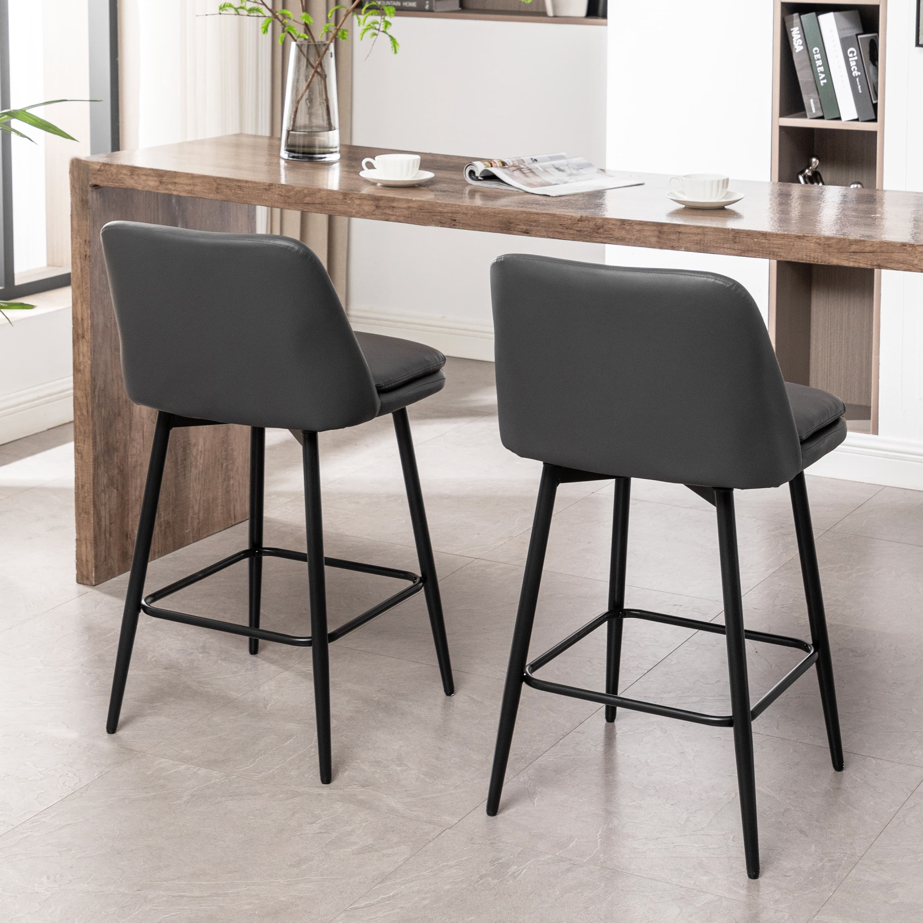 MAYEERTY Counter Height Swivel Bar Stools Set of 2 360° Swivel Upholstered 25.6 Seat Height Faux Leather Gray Kitchen Island Pub