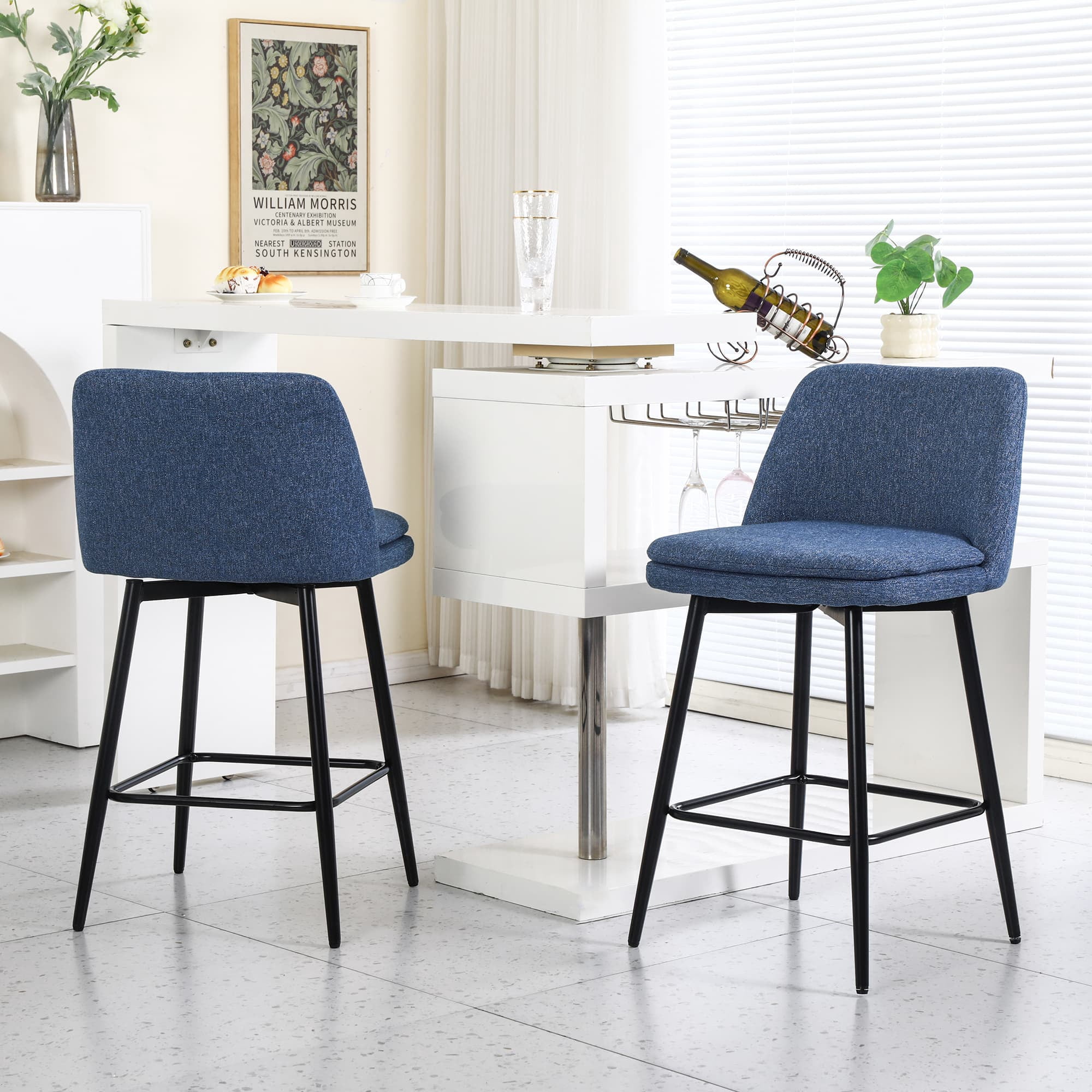 MAYEERTY Counter Height Swivel Bar Stools Set of 2 360° Swivel Upholstered 25.6 Seat Height Linen Cloth Blue Linen Kitchen Island Pub
