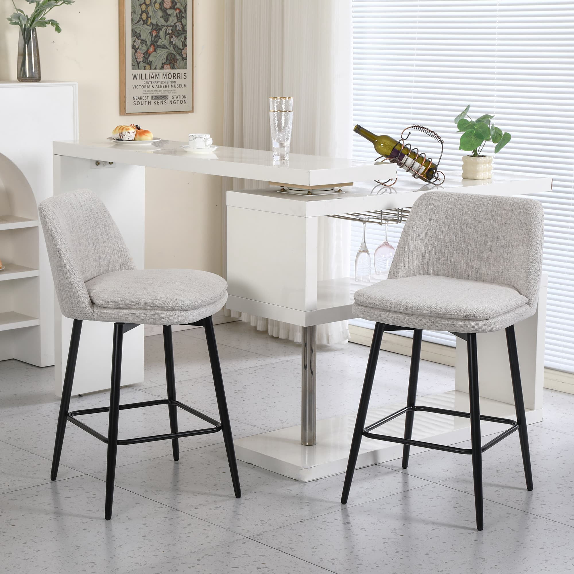 MAYEERTY Counter Height Swivel Bar Stools Set of 2 360° Swivel Upholstered 25.6 Seat Height Linen Cloth Off White Linen Kitchen Island Pub