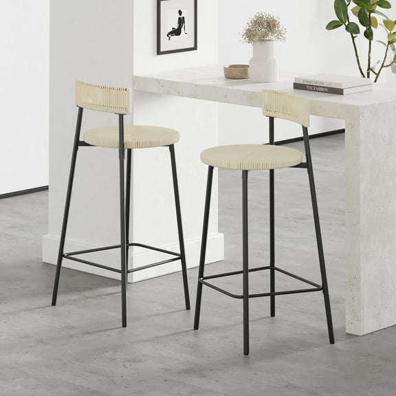 MAYEERTY Counter Stools Set of 2 - Handwoven Paper Rope, Boho Round Dining Chairs for Kitchen (Black & Creamy White)