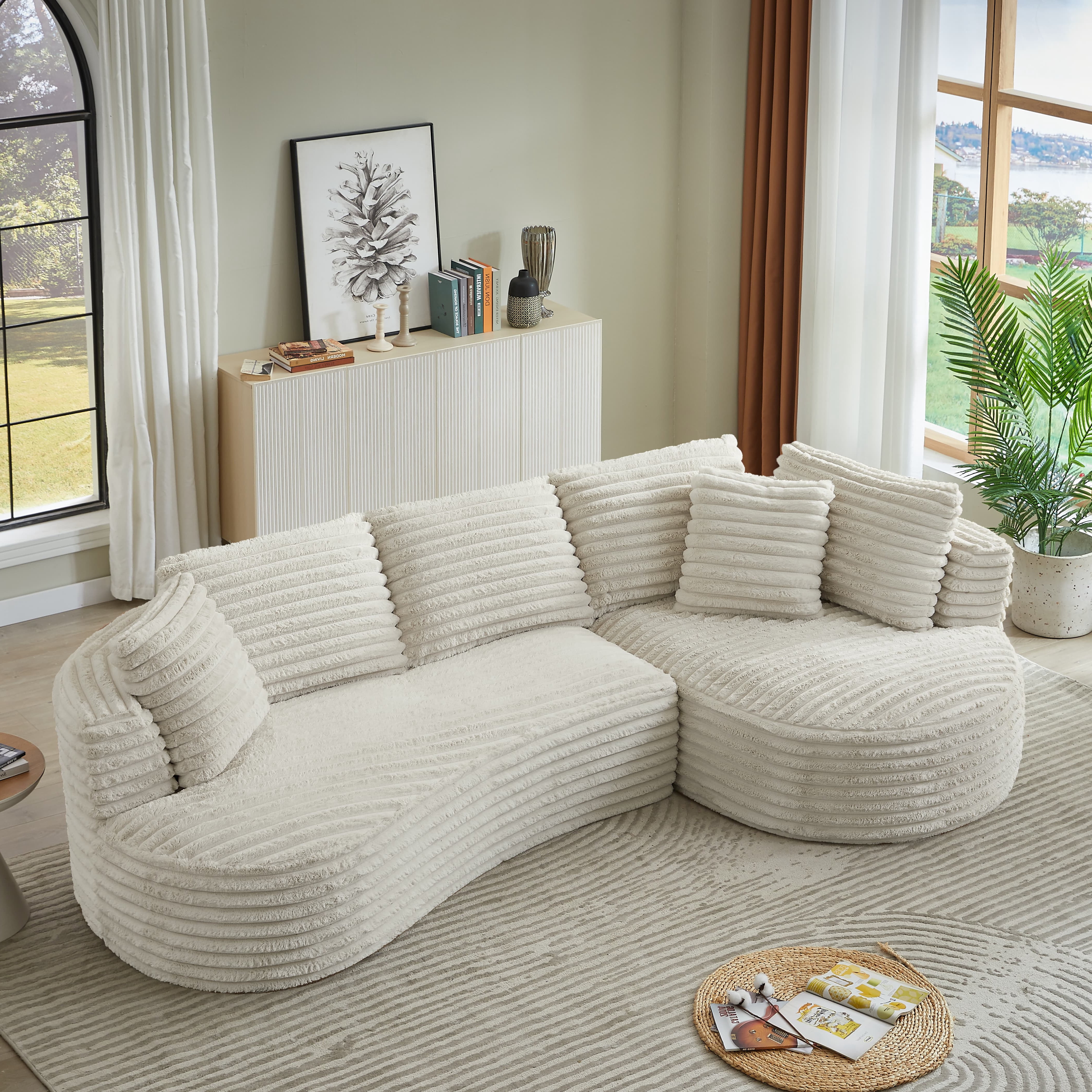 MAYEERTY Corduroy Curved L-Shape Oversized Sectional Sofa, Minimalist Luxury Sleeper Couch for Apartments, 121"W x 66"D x 35"H