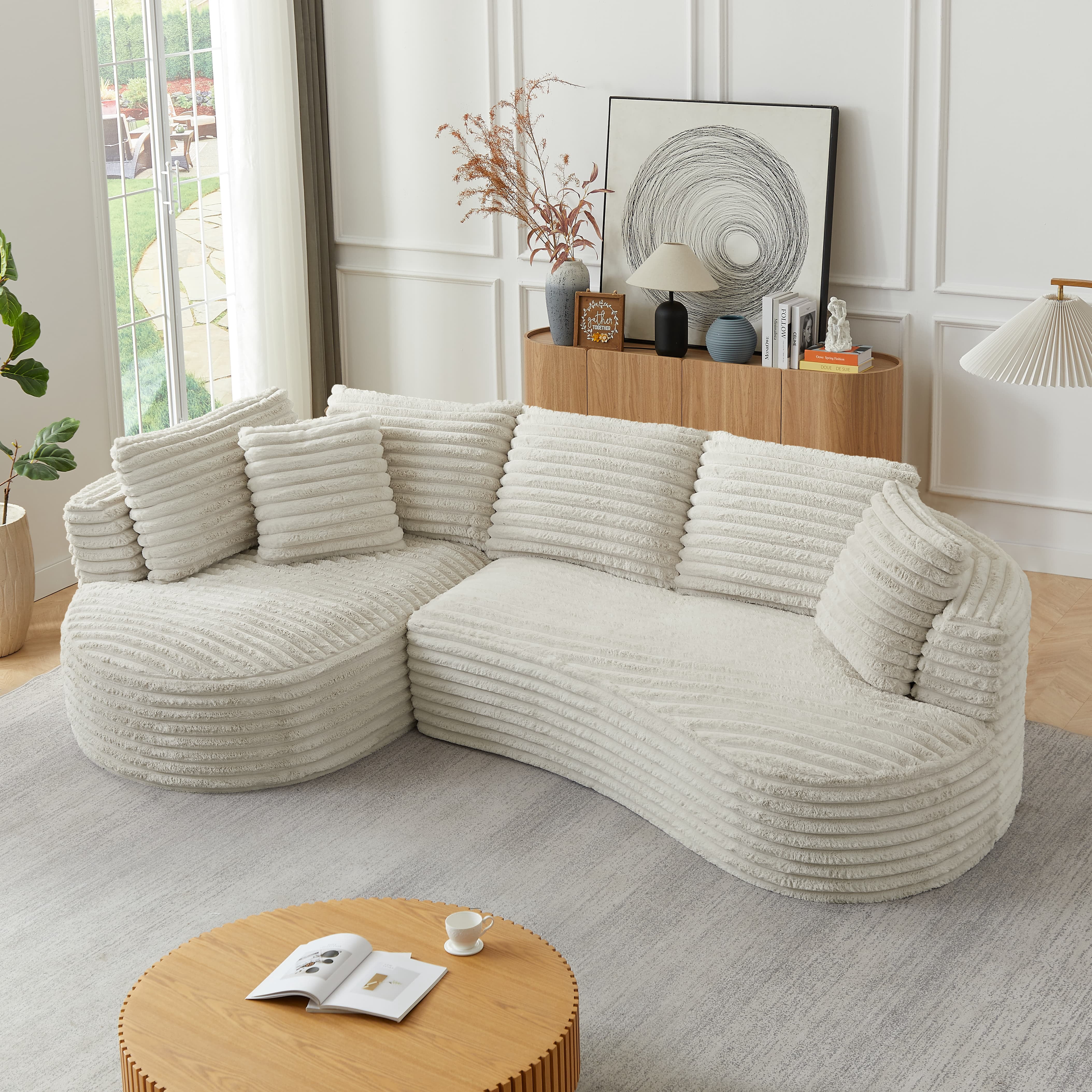 MAYEERTY Corduroy Curved L-Shape Oversized Sectional Sofa, Minimalist Luxury Sleeper Couch for Apartments, 121"W x 66"D x 35"H