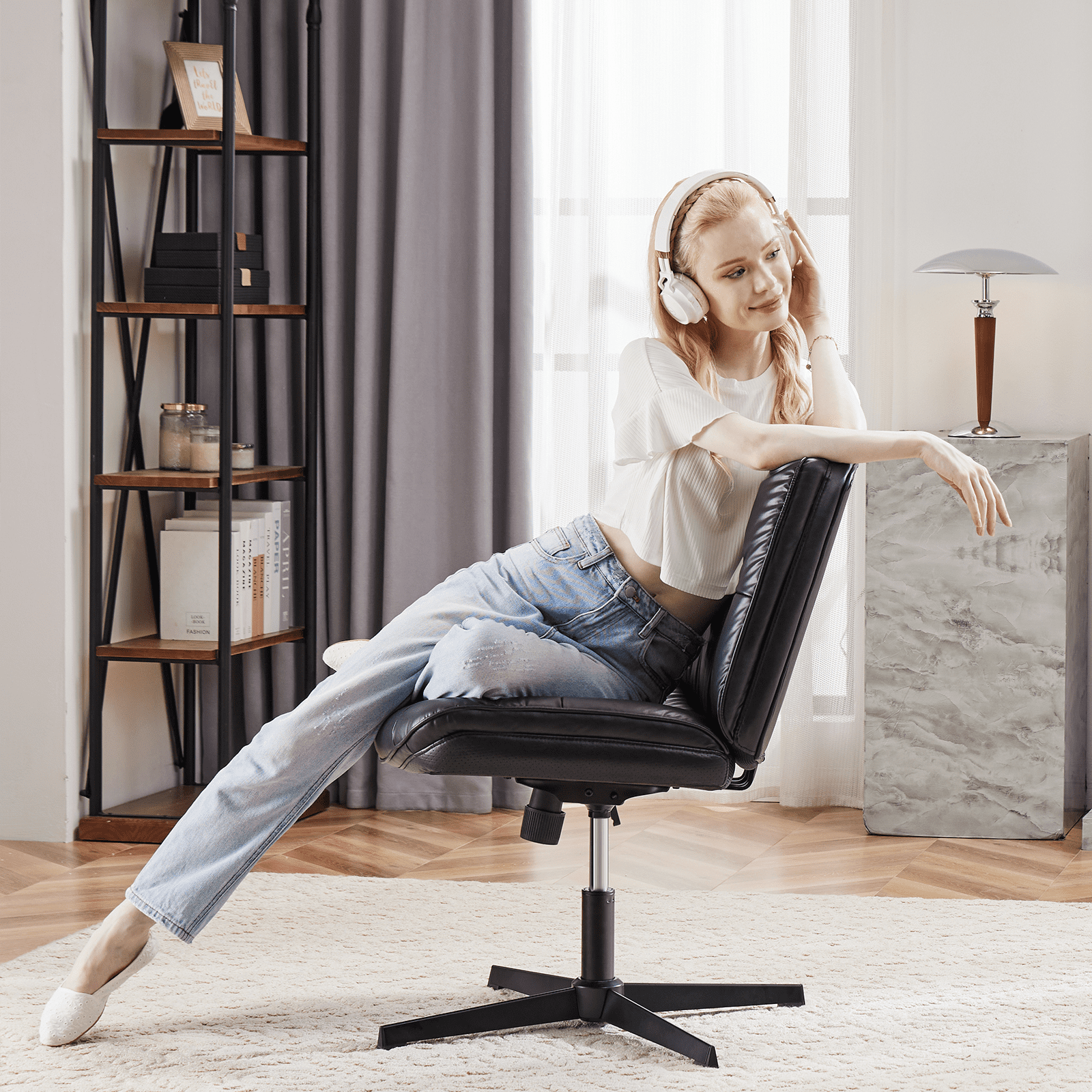 MAYEERTY Criss Cross Legged Chair, Armless Office Desk Wide Seat No Wheels, Swivel Height Adjustable Comfy
