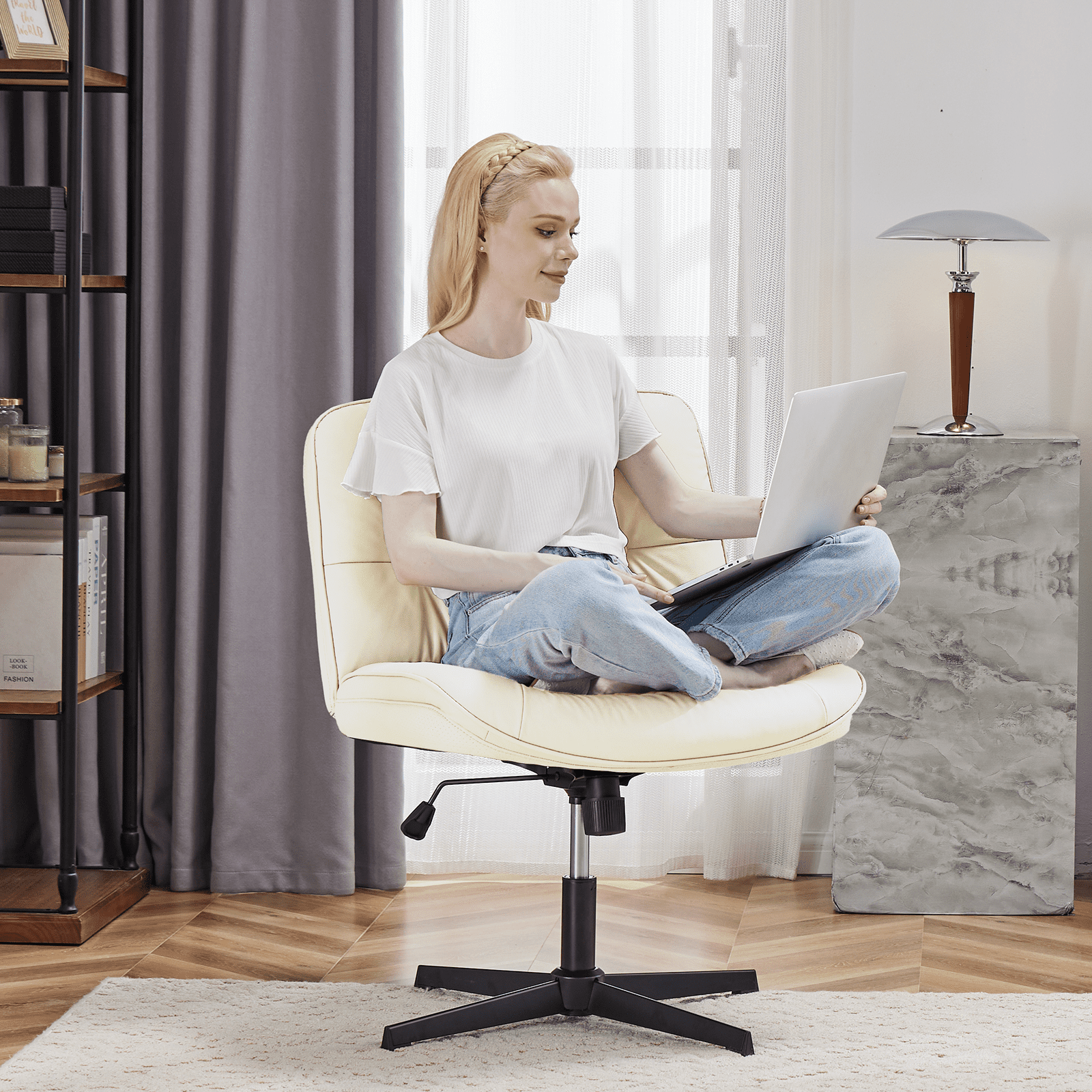 MAYEERTY Criss Cross Legged Chair, Armless Office Desk Wide Seat No Wheels, Swivel Height Adjustable Comfy