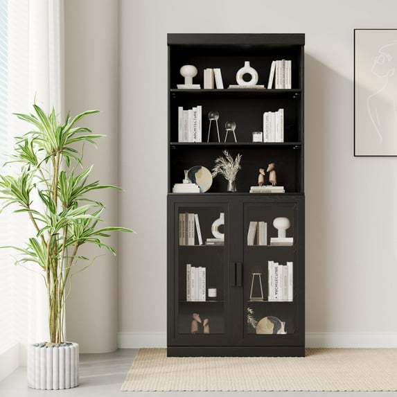 MAYEERTY Curio Display Cabinet with Glass Doors, DIY Combination Storage Cabinets with Adjustable Shelves for Living Room, Black