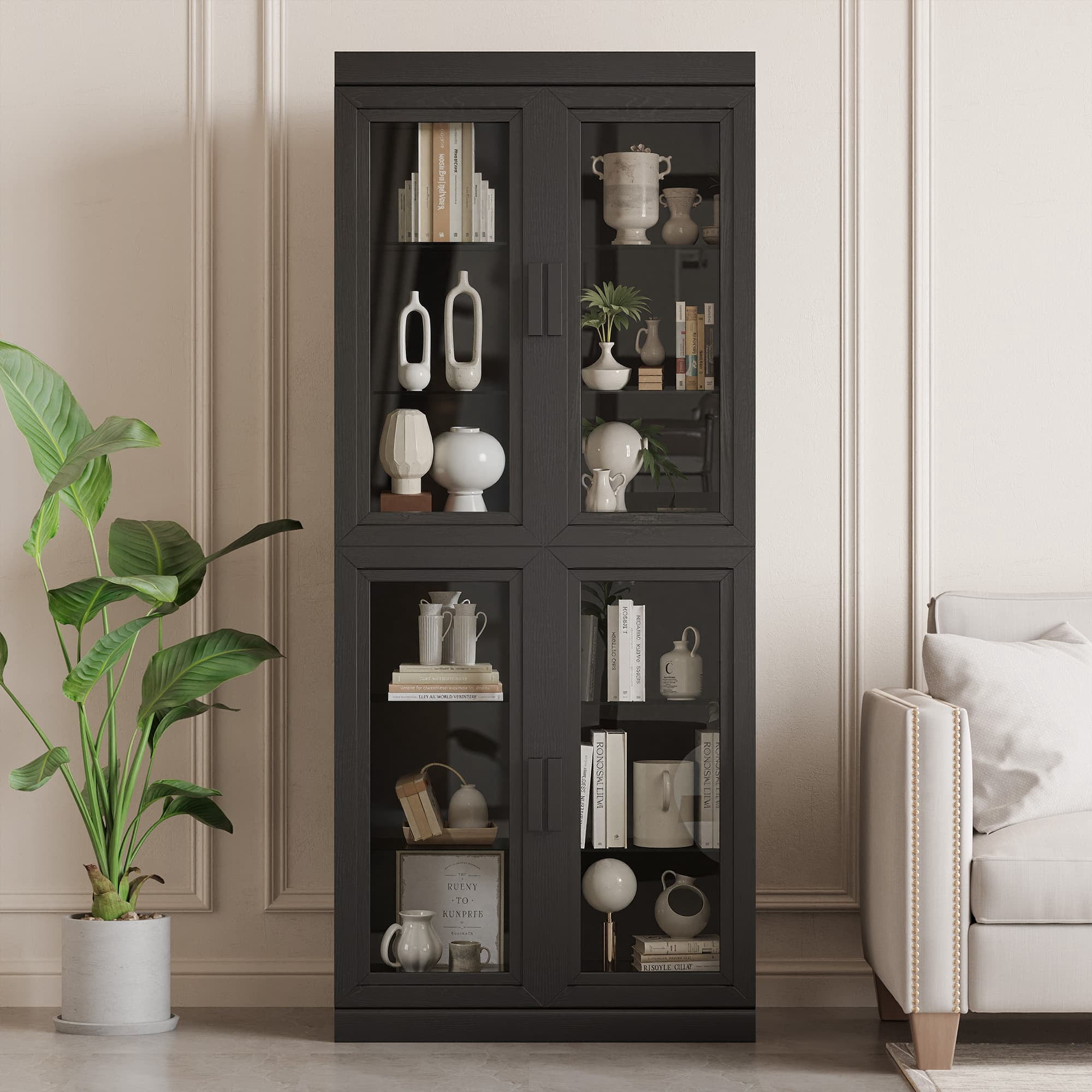 MAYEERTY Curio Display Cabinet with Glass Doors, DIY Combination Storage Cabinets with Adjustable Shelves for Living Room, Black