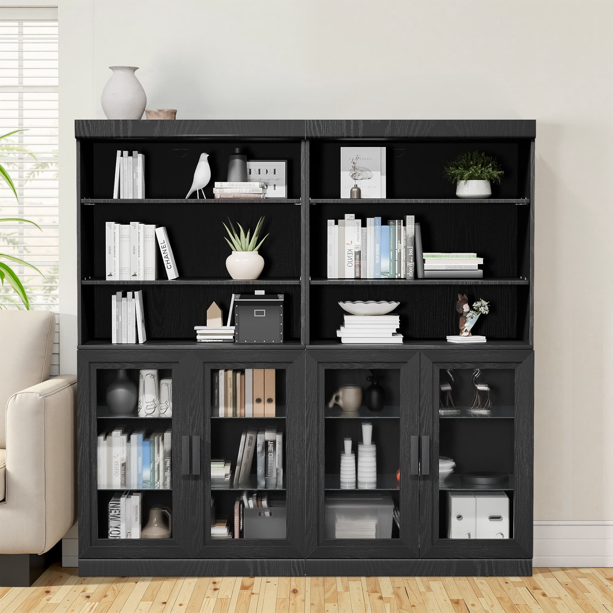 MAYEERTY Curio Display Cabinet with Glass Doors, DIY Combination Storage Cabinets with Adjustable Shelves for Living Room, Black