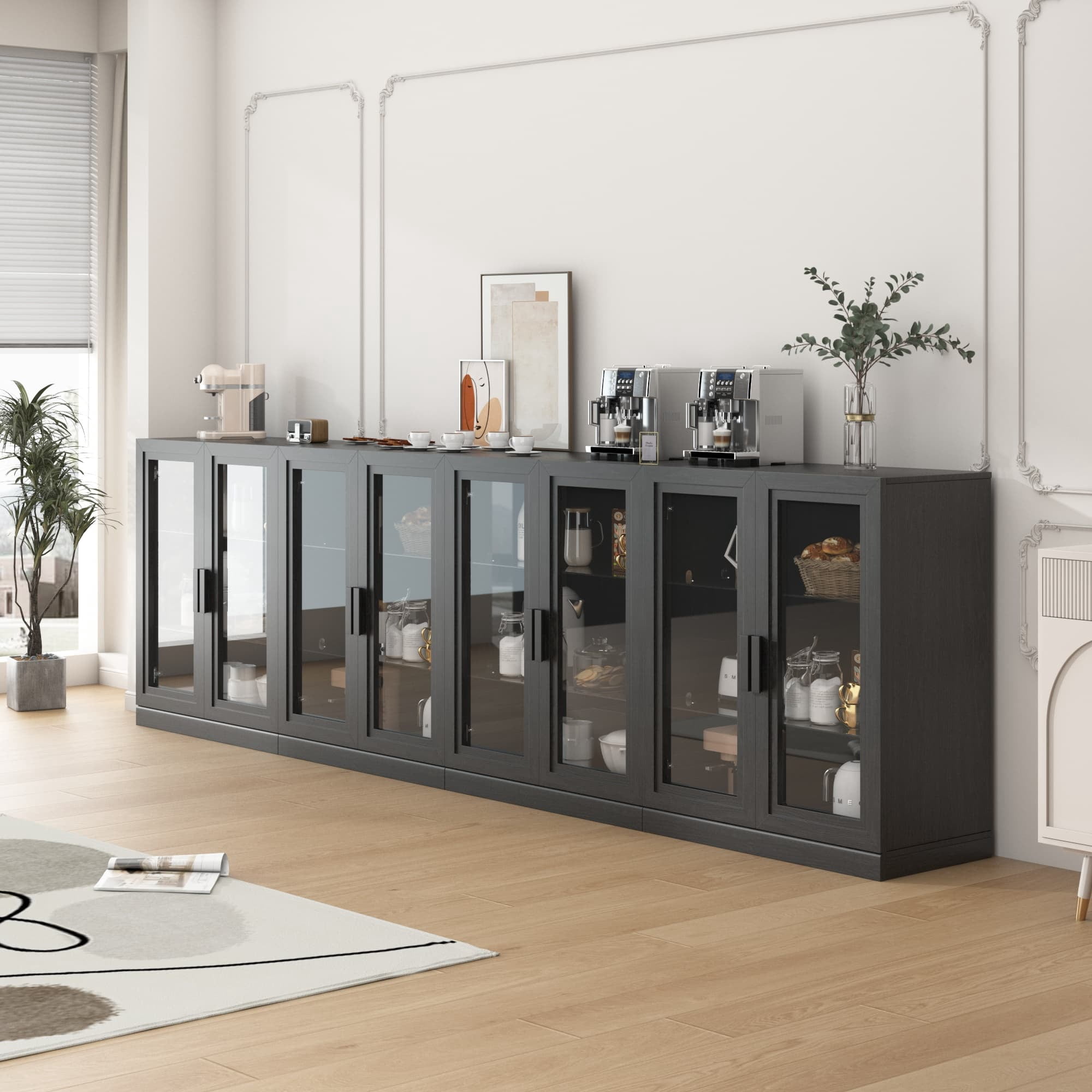 MAYEERTY Curio Display Cabinet with Glass Doors, DIY Combination Storage Cabinets with Adjustable Shelves for Living Room, Black