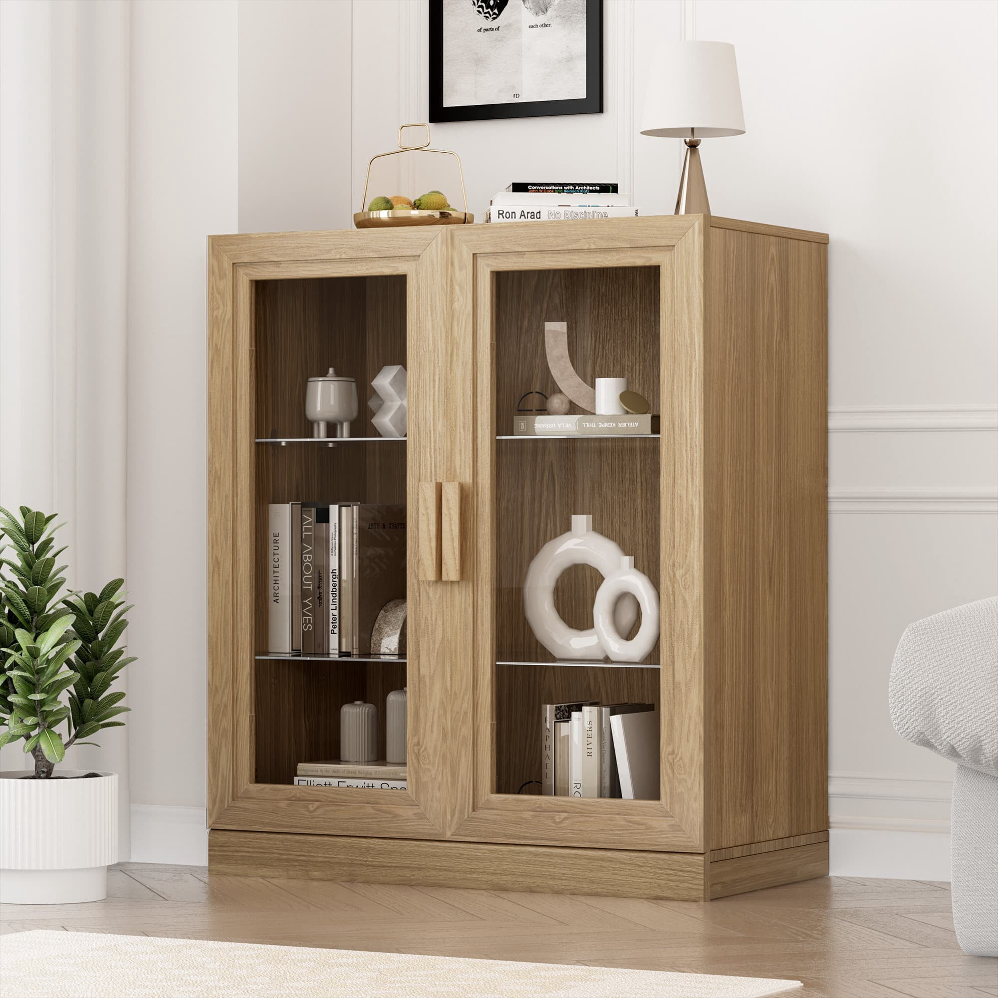 MAYEERTY Curio Display Cabinet with Glass Doors, DIY Combination Storage Cabinets with Adjustable Shelves for Living Room, Natural Wood