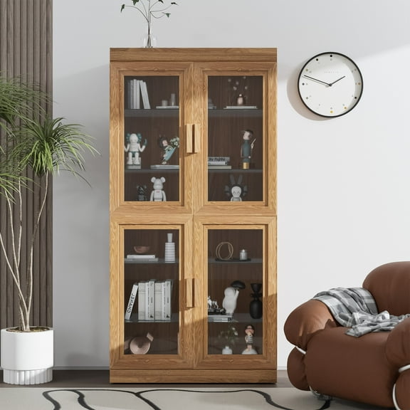 MAYEERTY Curio Display Cabinet with Glass Doors, DIY Combination Storage Cabinets with Adjustable Shelves for Living Room, Natural Wood