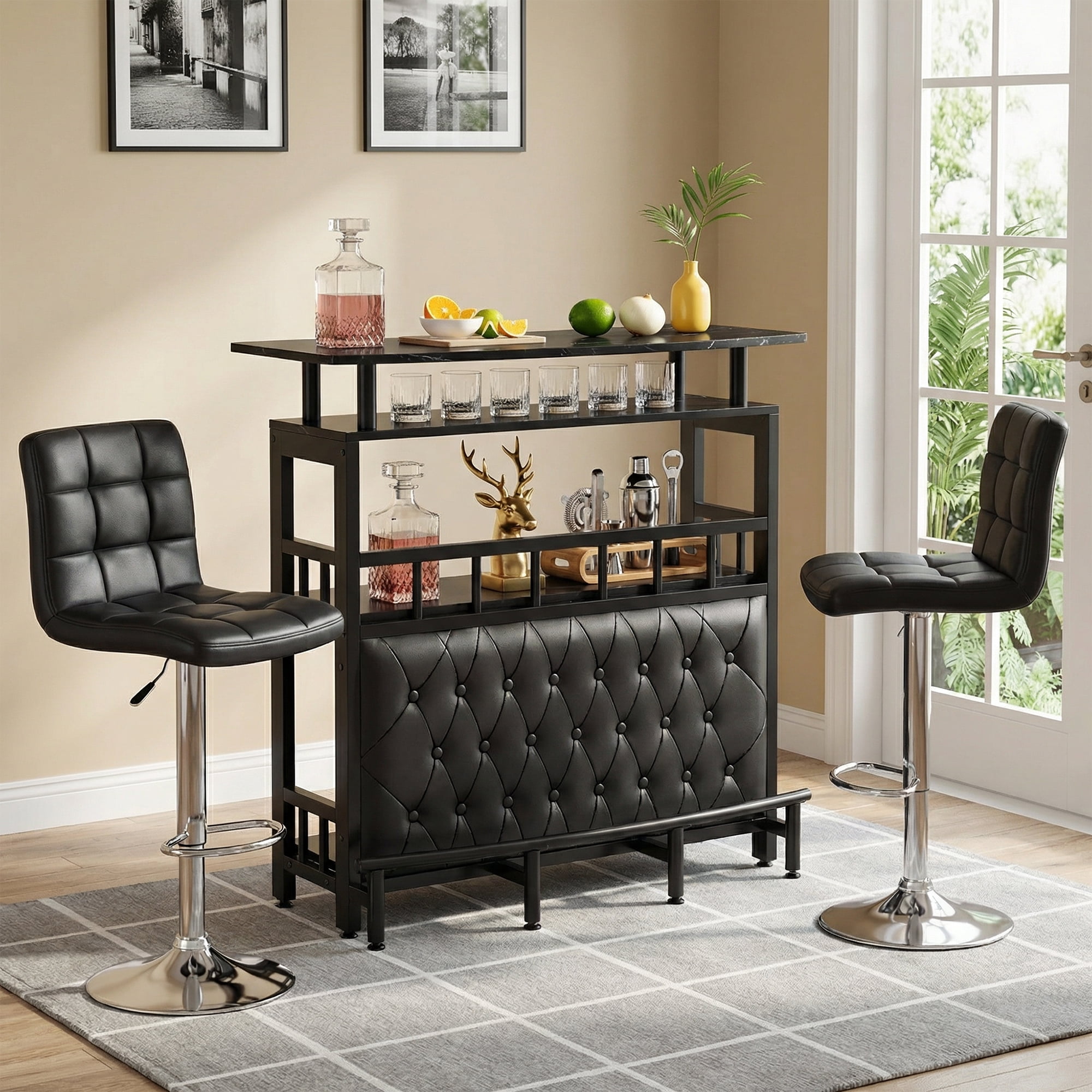 MAYEERTY Curved Counter Home Bar Table, Liquor Storage Bar Unit with Black Rail Guard Adjustable Feet for Indoor Entertainment