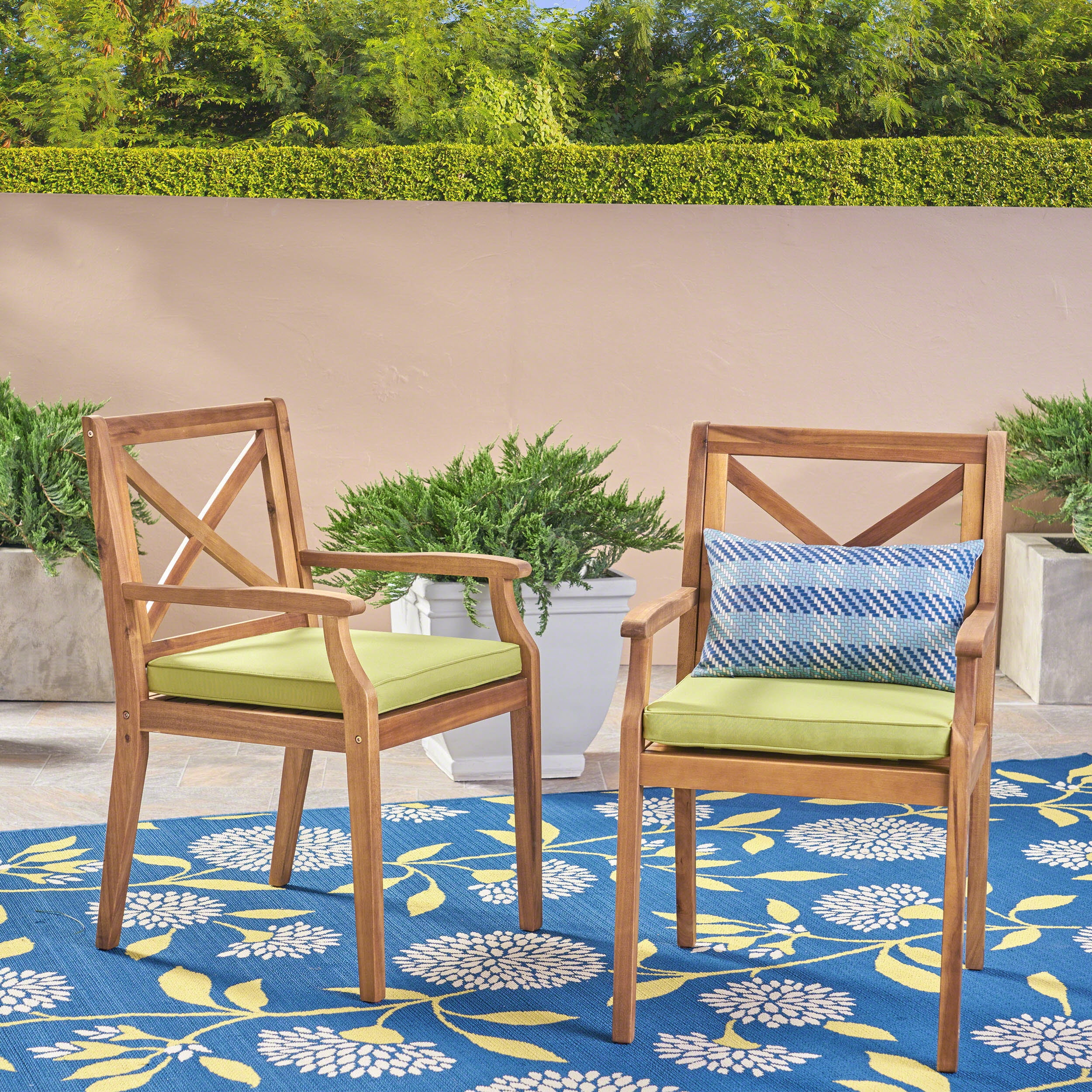 MAYEERTY DINING CHAIR 2PCS with 2 Green Cushions Outdoor Use for Backyard Poolside Garden