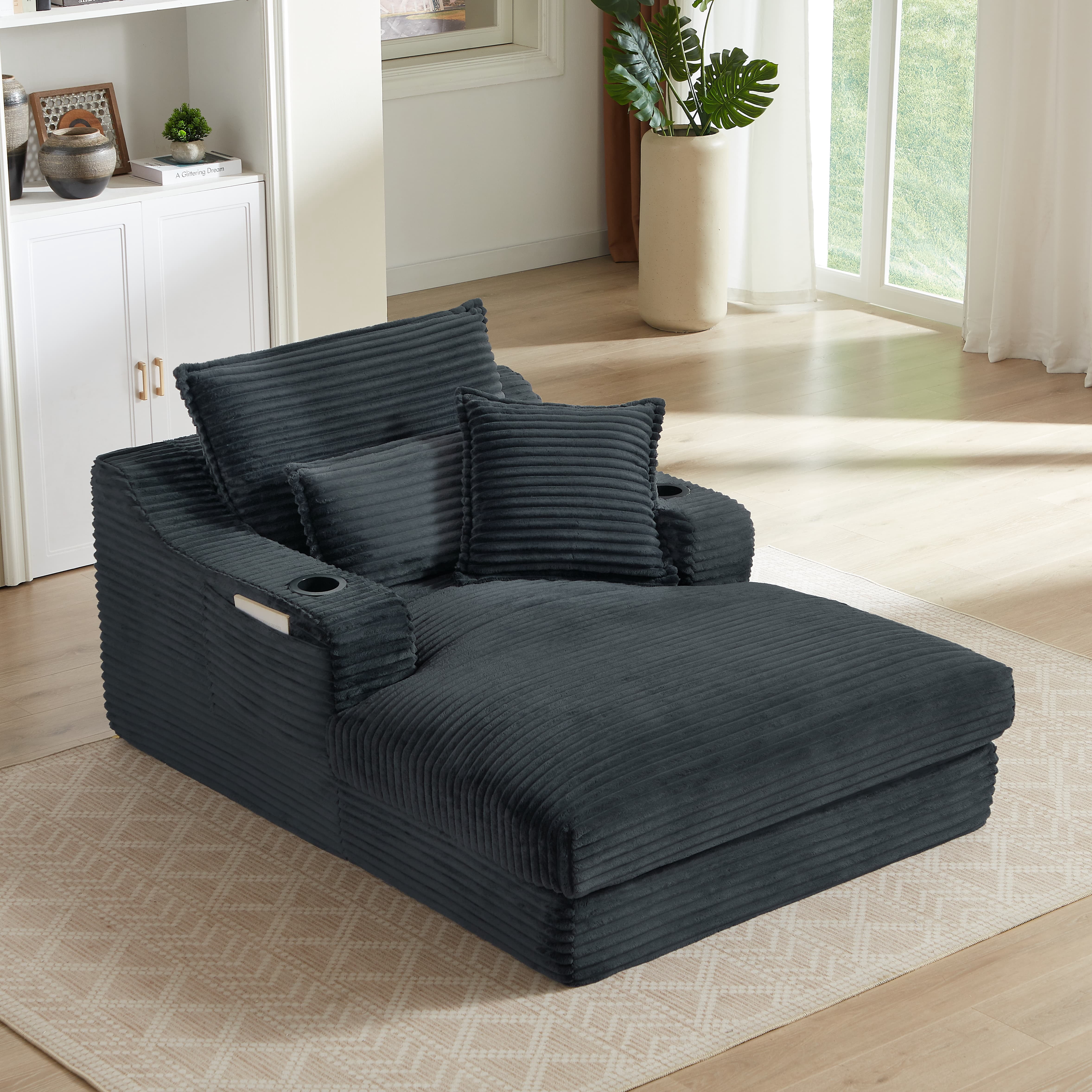 MAYEERTY Dark Gray Corduroy Chaise Sofa, Oversized Comfortable Lounge for Living Room, 47×68×35"