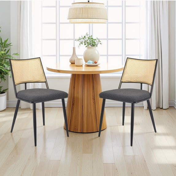 MAYEERTY Dark Gray Dining Chairs Set of 2, Rattan Backrest, Metal Frame, Boucle Upholstery for Living Room