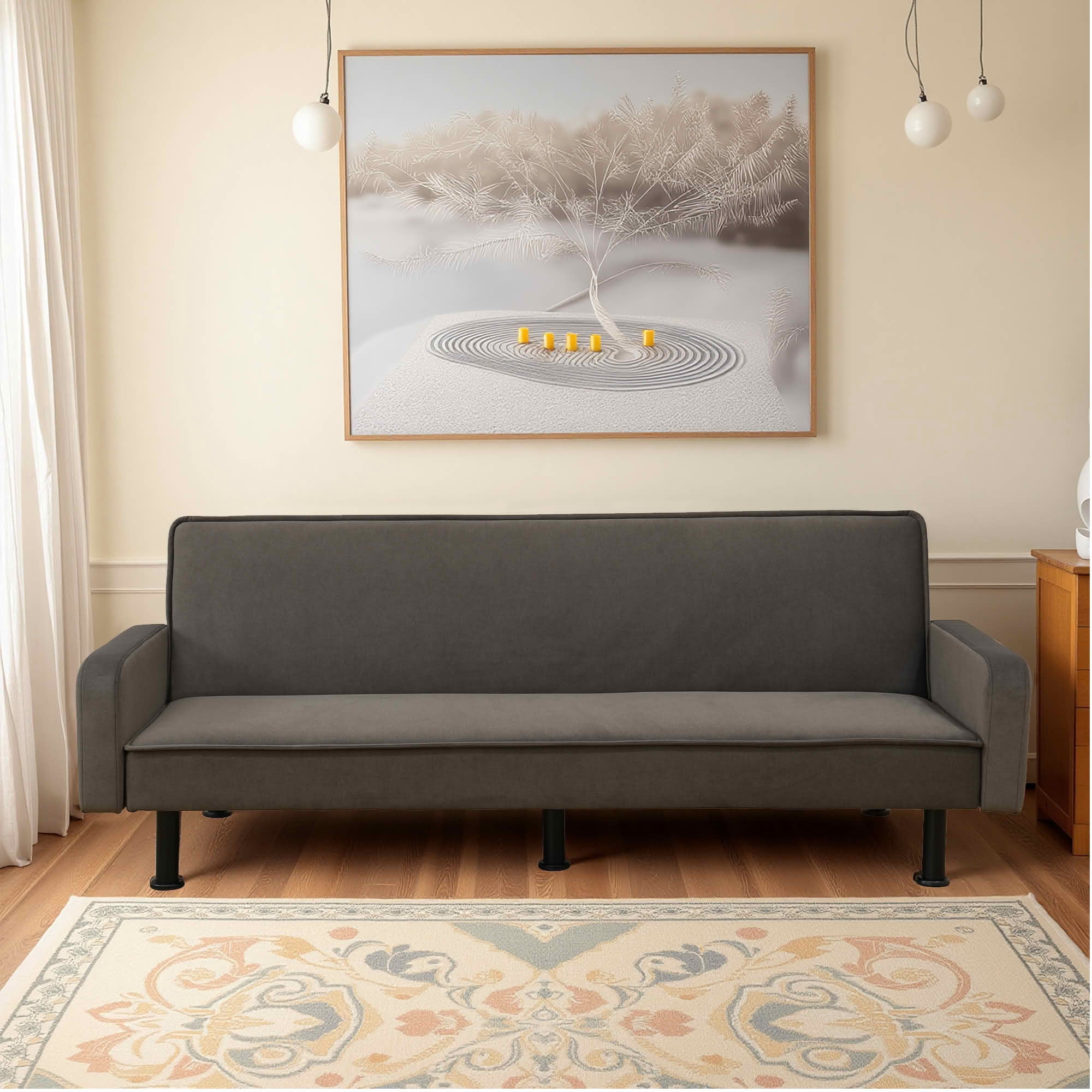 MAYEERTY 77.5 Inch Tan Calico 1-Piece Convertible Sofa Bed, Retro Printed Fabric Dual Purpose Living Room Sofa Couch