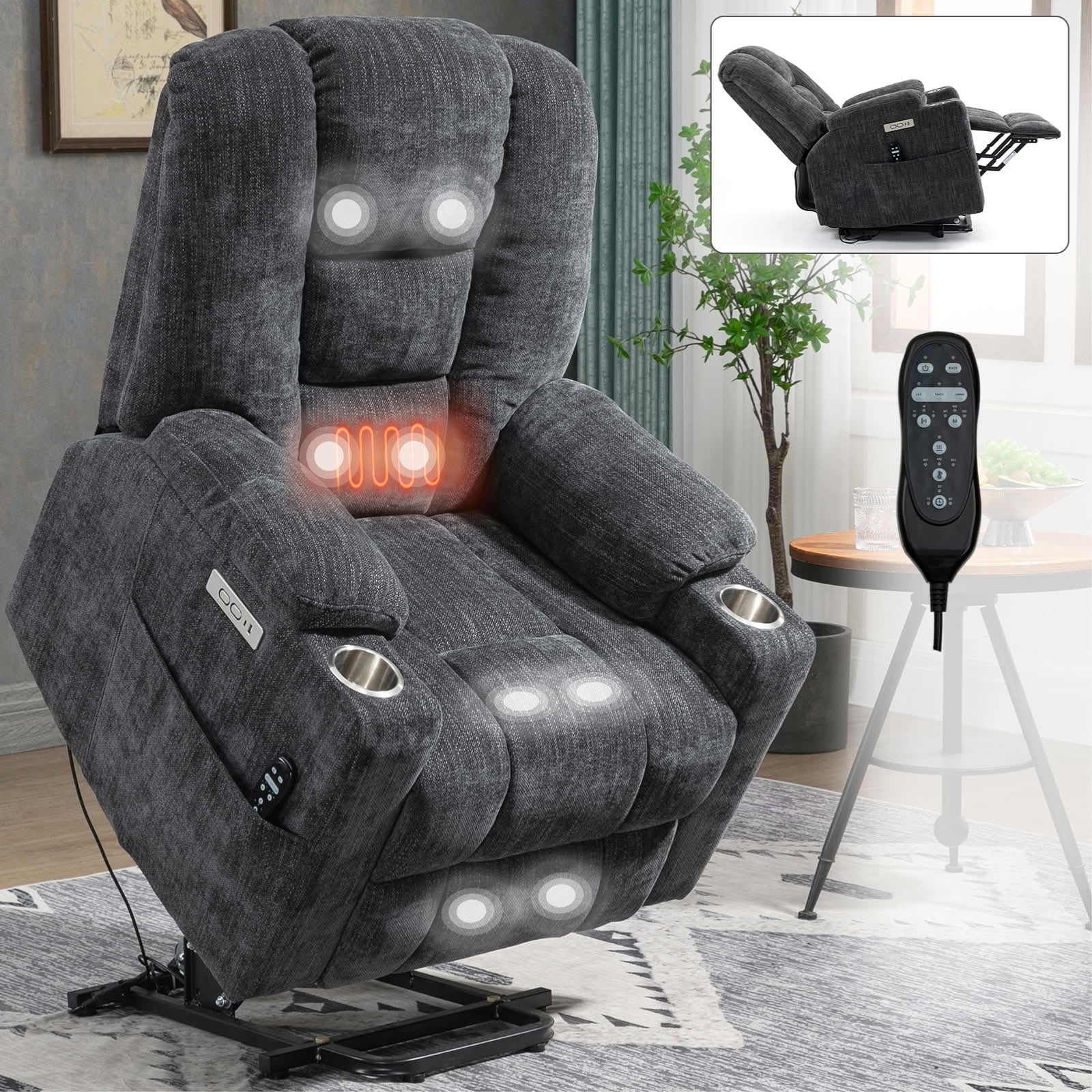 MAYEERTY Dark Grey Chenille 350lbs Power Lift Recliner, Massage Heat USB-C 34"x39"x42" Wide Overstuffed for Elderly