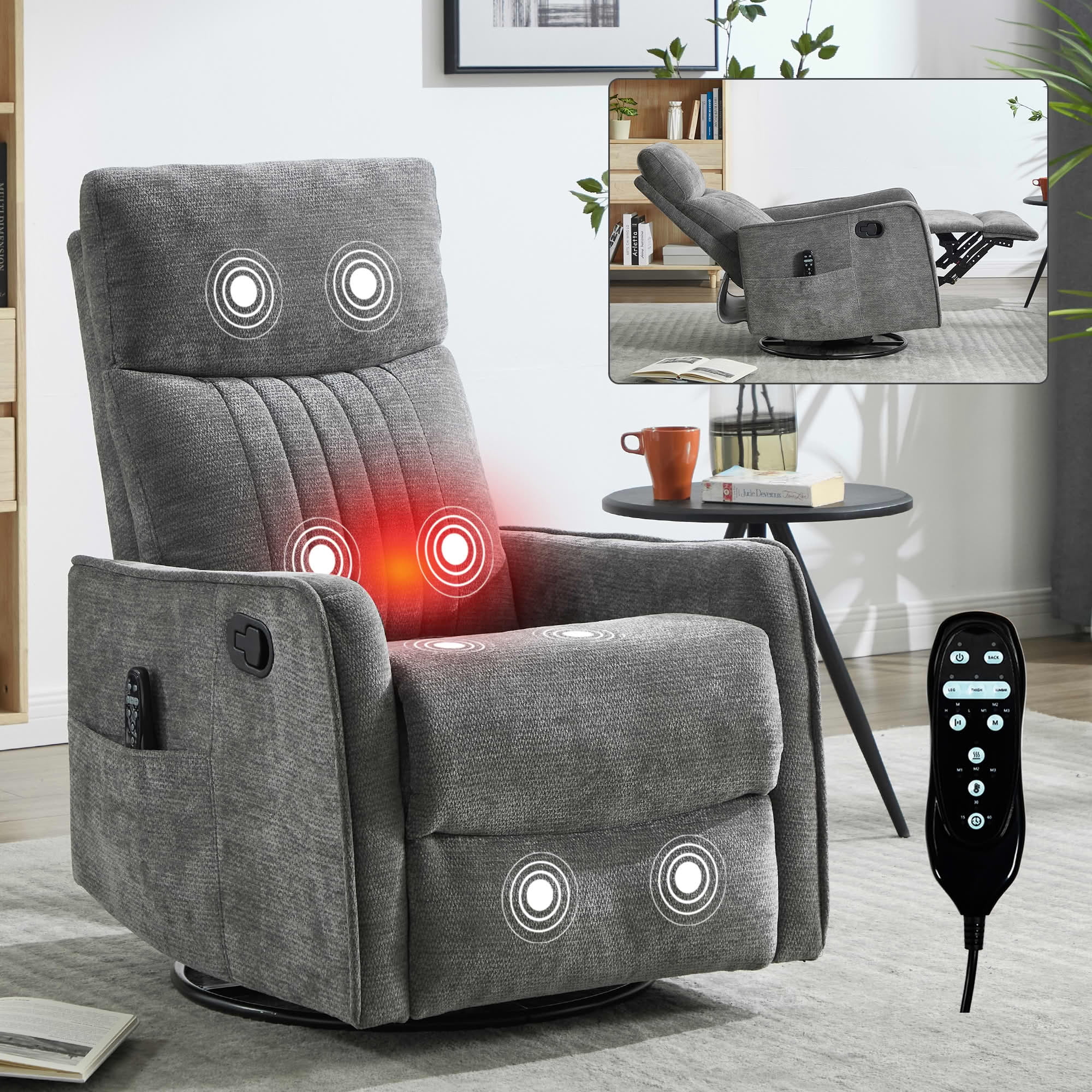 MAYEERTY Dark Grey Chenille Heat Massage Recliner Chair, 360° Swivel Rocker for Living Room