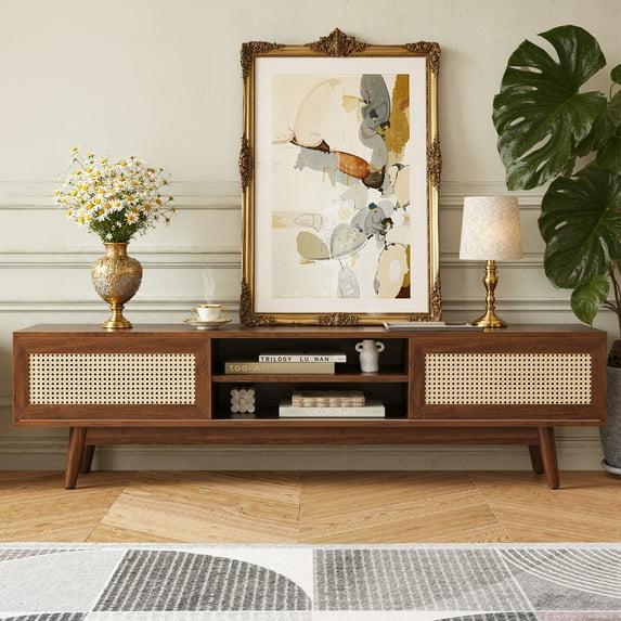 MAYEERTY Dark Walnut 65" Mid Century Modern TV Stand, Boho Media Console with Cable Management for Living Room