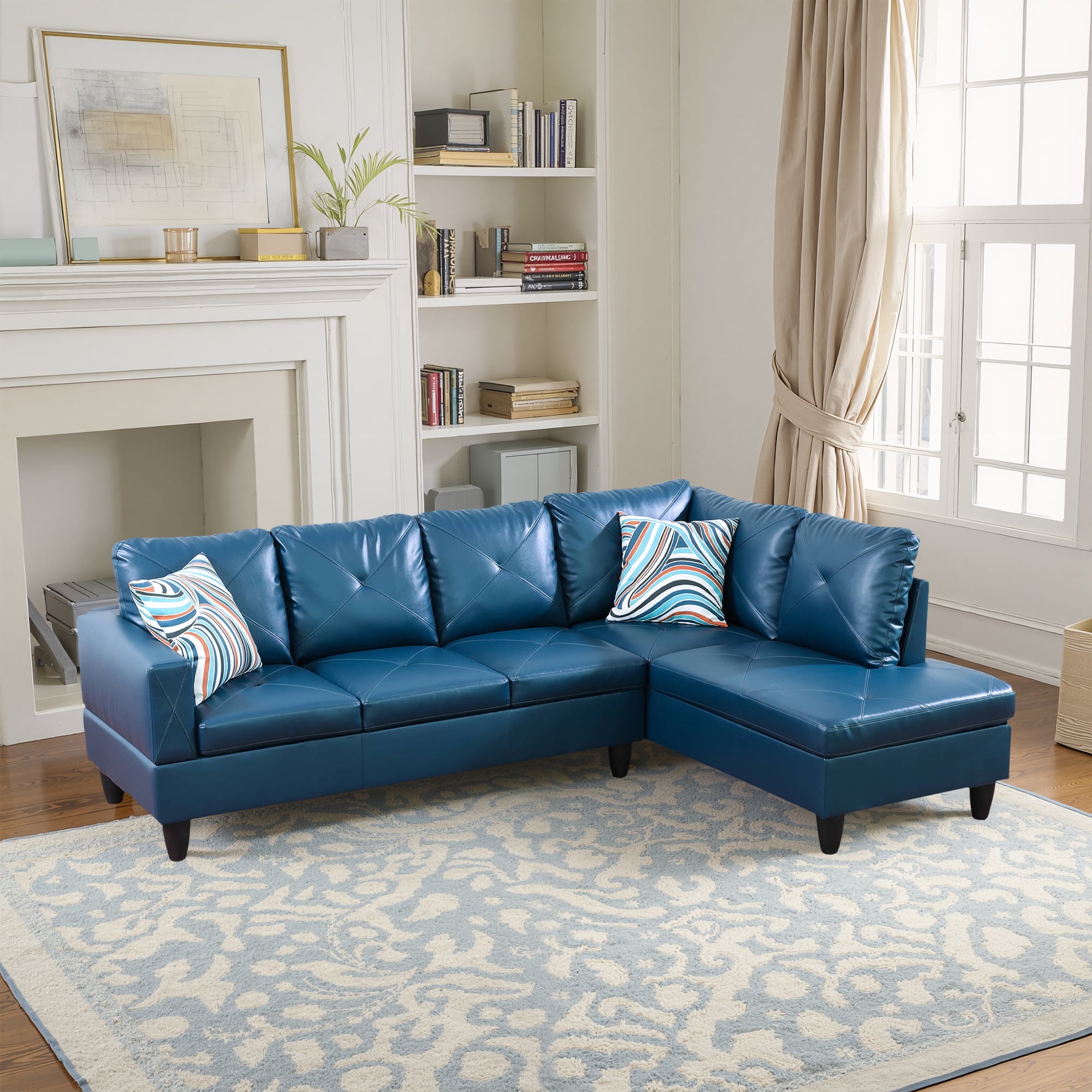 MAYEERTY Faux Leather 3-Piece Couch Living Room Sofa Set，Deep Blue