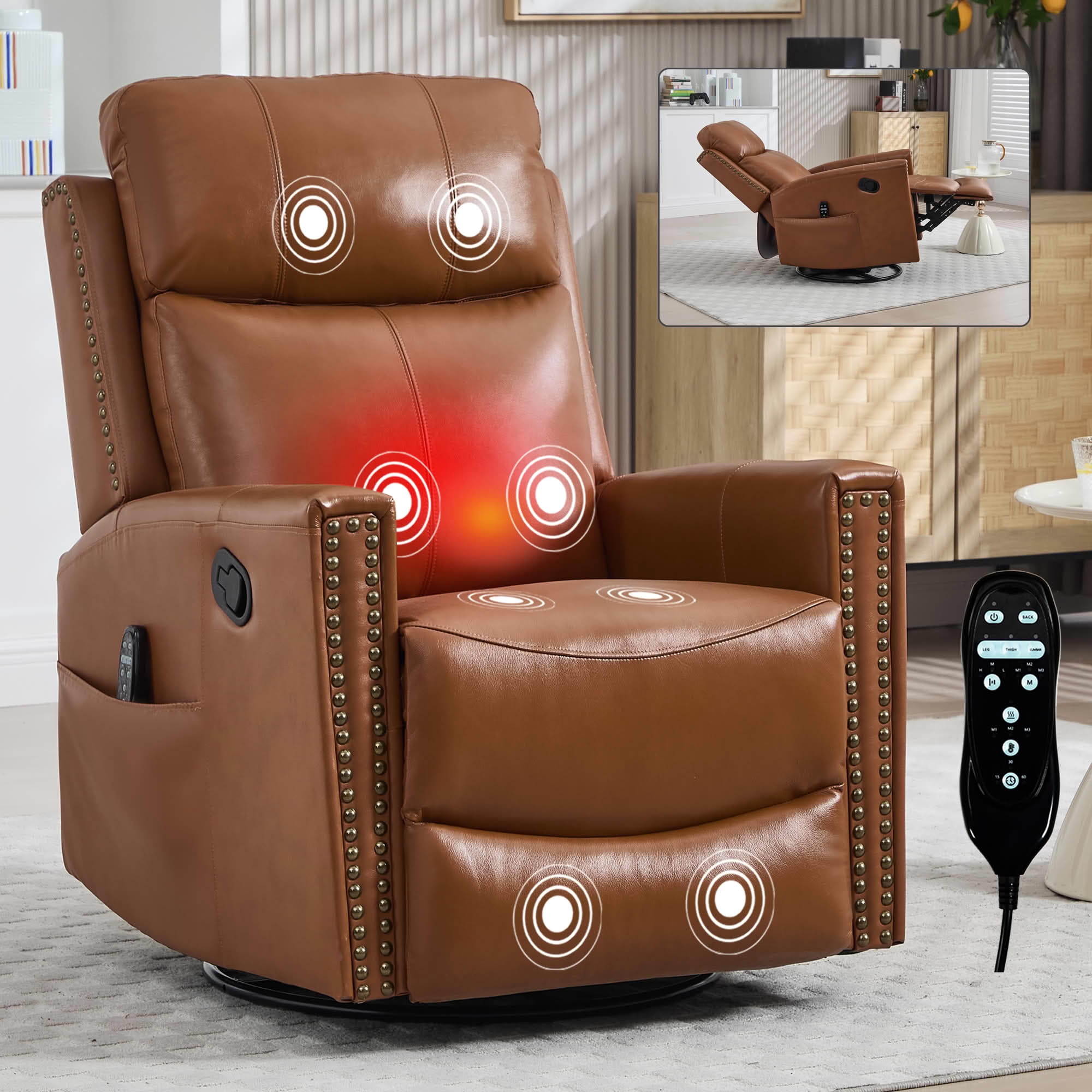 MAYEERTY Deep Yellow Genuine Leather Manual Recliner, 360° Swivel Rocker Heat Massage 31"x38"x42" for Living Room