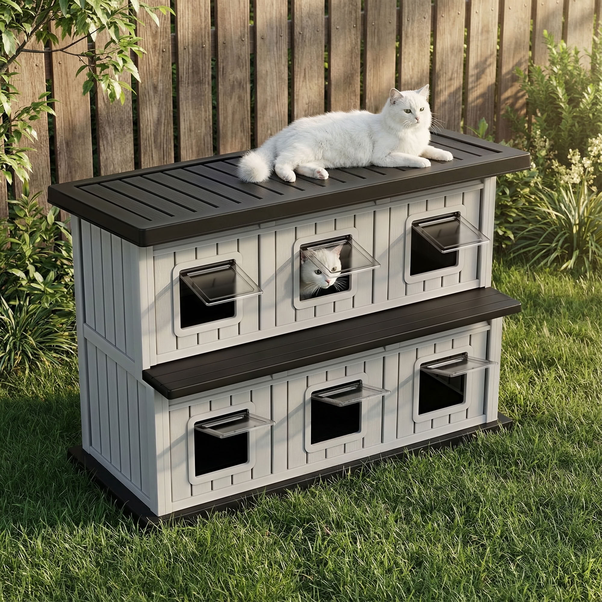 MAYEERTY Double-Decker Cat House, 6 Independent Compartments Pet Retreat with FloodGuard Roof & Tool-Free Back Panel