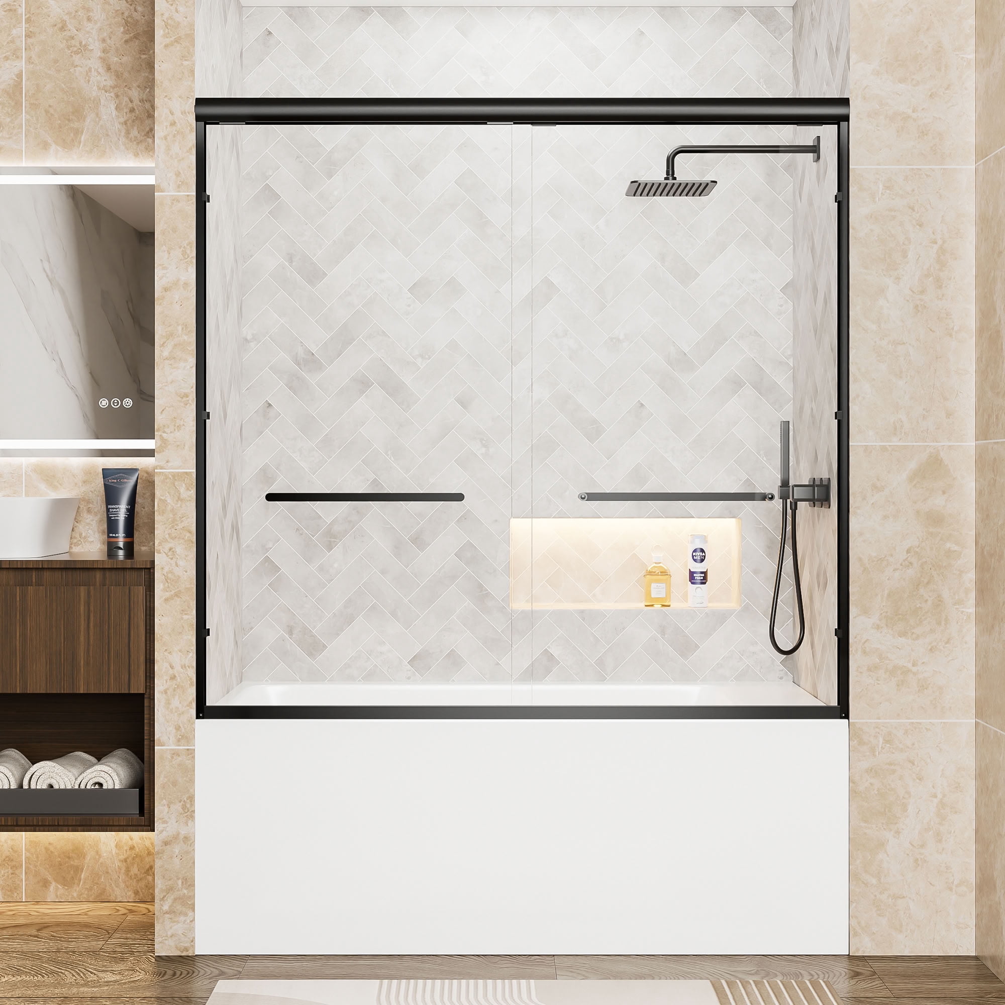 MAYEERTY Double Sliding Bathtub Door, Matte Black Aluminum Frame, Soft-Close Function, 1/4" Tempered Glass with Explosion-Proof Film, Waterproof