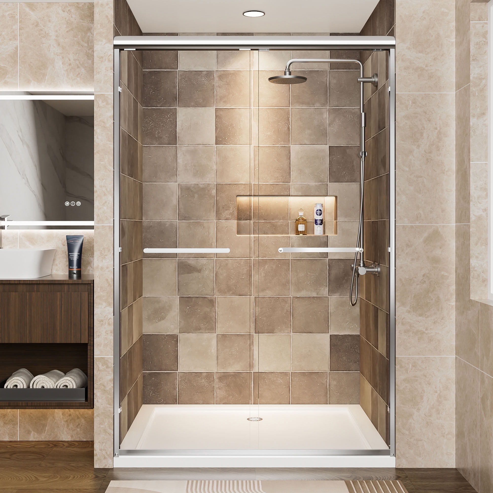 MAYEERTY Double Sliding Shower Door, 1/4" Tempered Safety Glass with Explosion-Proof Film, Waterproof & Reversible Installation