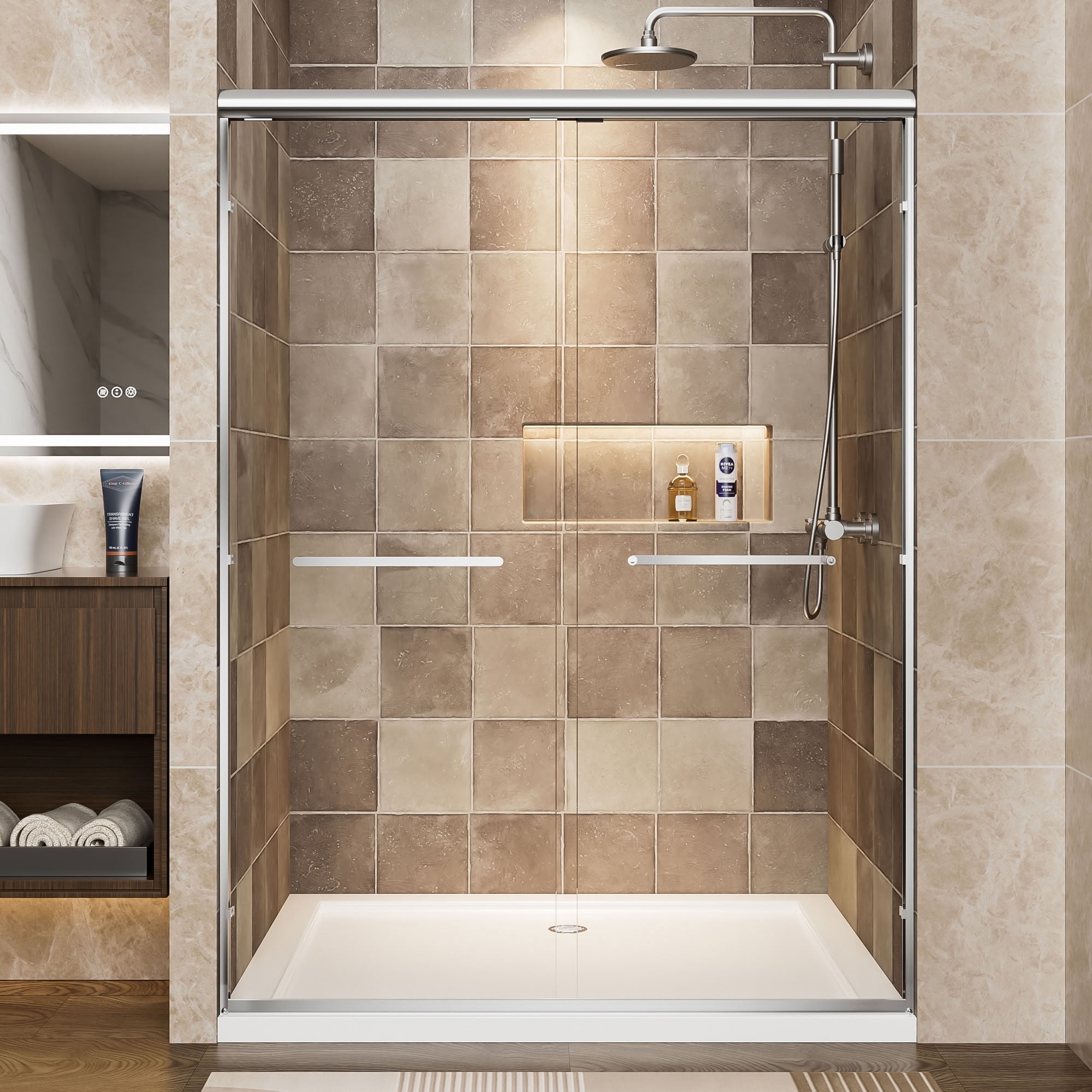 MAYEERTY Double Sliding Shower Door, 1/4" Tempered Safety Glass with Explosion-Proof Film, Waterproof & Reversible Installation