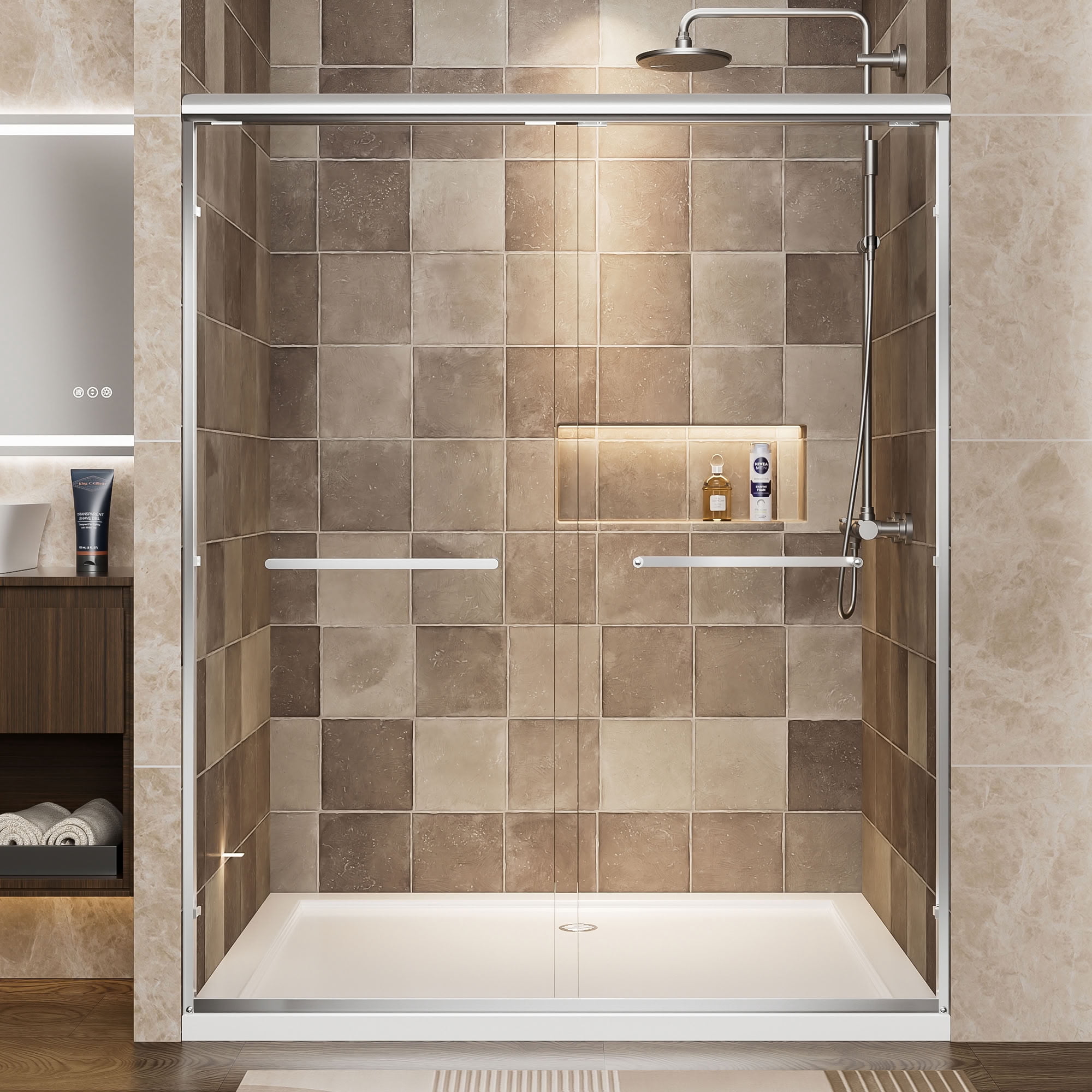 MAYEERTY Double Sliding Shower Door, 1/4" Tempered Safety Glass with Explosion-Proof Film, Waterproof & Reversible Installation