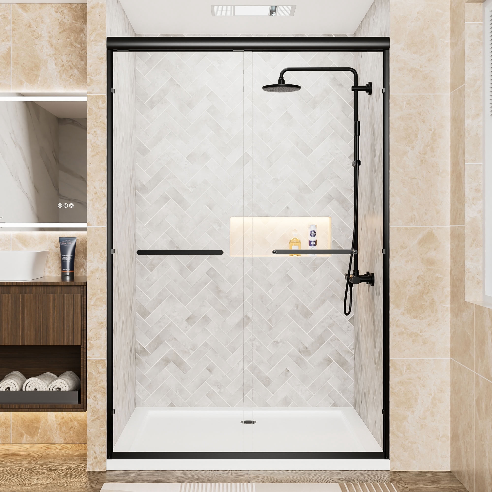 MAYEERTY Double Sliding Shower Door, Matte Black Aluminum Frame, 1/4" Tempered Safety Glass with Explosion-Proof Film, Waterproof & Reversible Installation