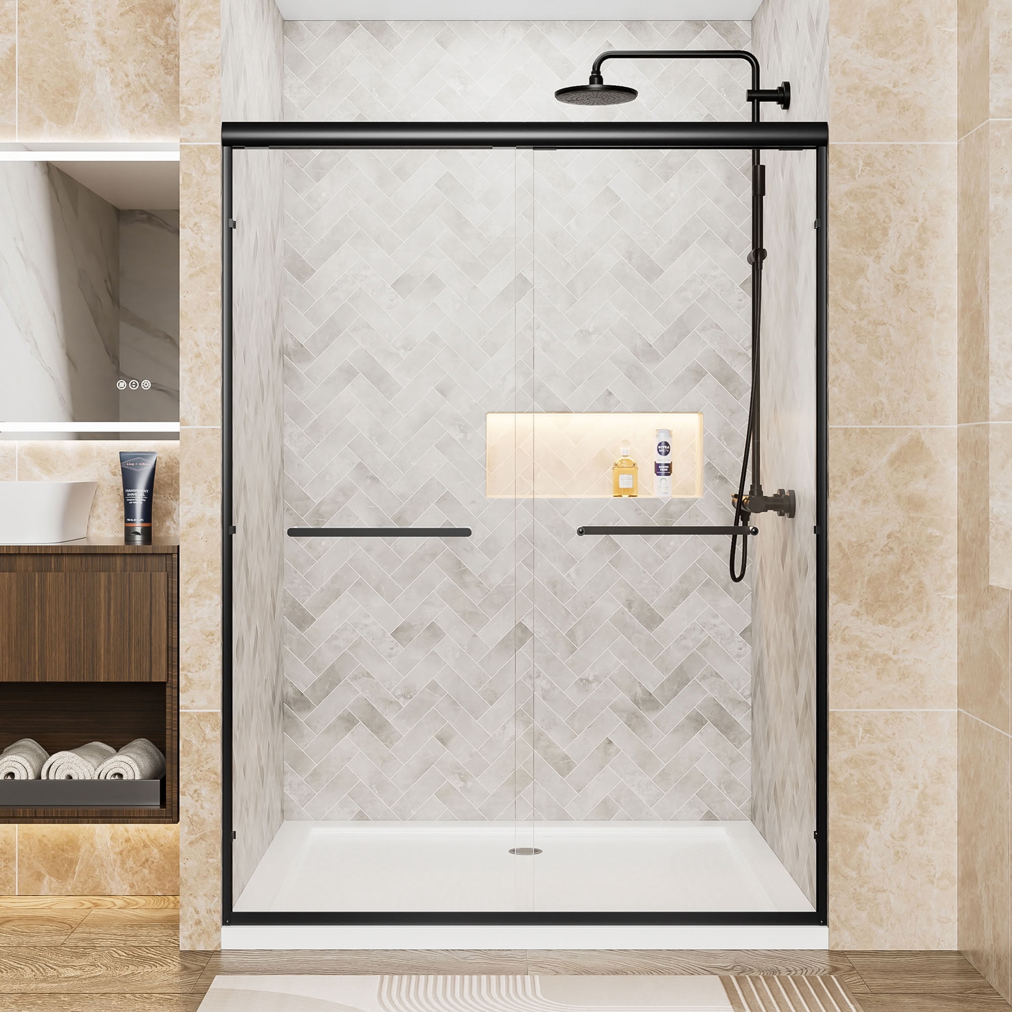 MAYEERTY Double Sliding Shower Door, Matte Black Aluminum Frame, 1/4" Tempered Safety Glass with Explosion-Proof Film, Waterproof & Reversible Installation