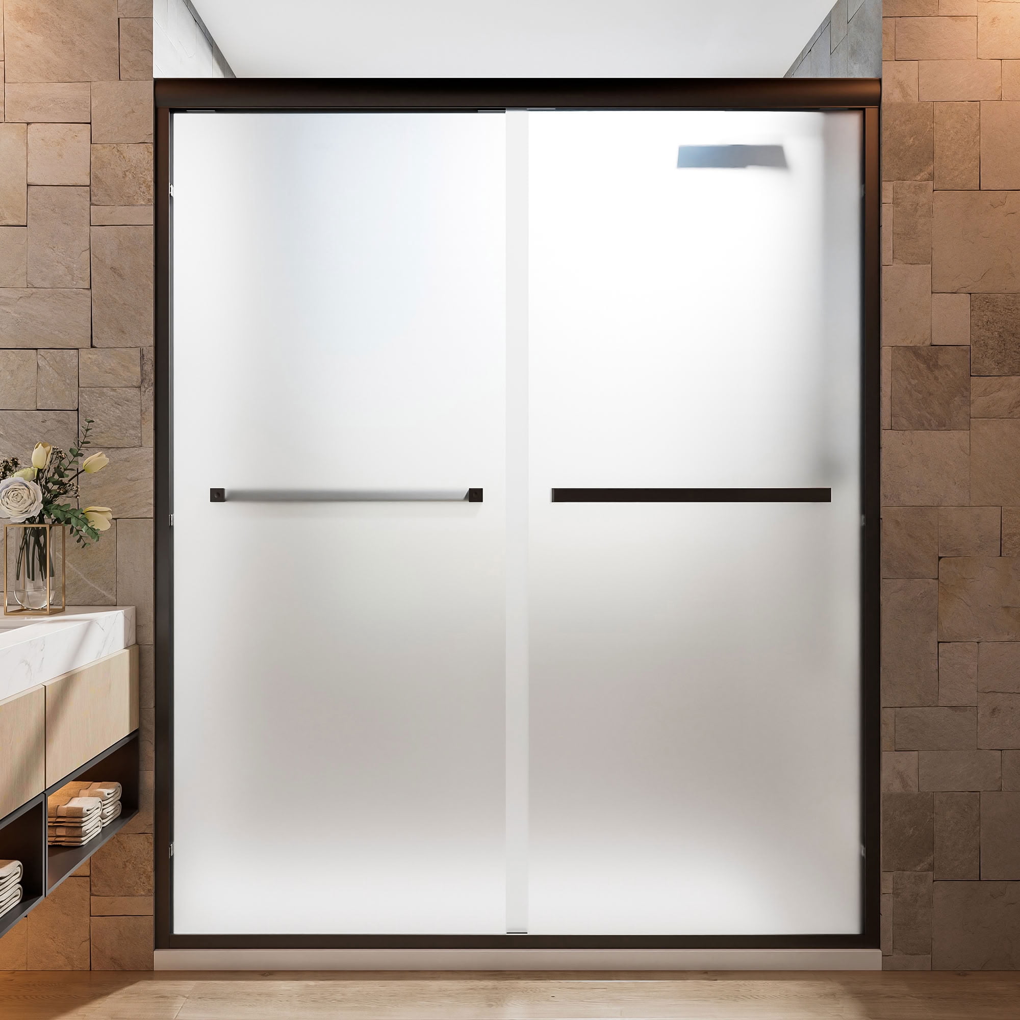 MAYEERTY Double Sliding Shower Door, Matte Black Frame, 1/4" Frosted Tempered Glass with Nano Self-Cleaning Coating, Waterproof & Reversible Installation
