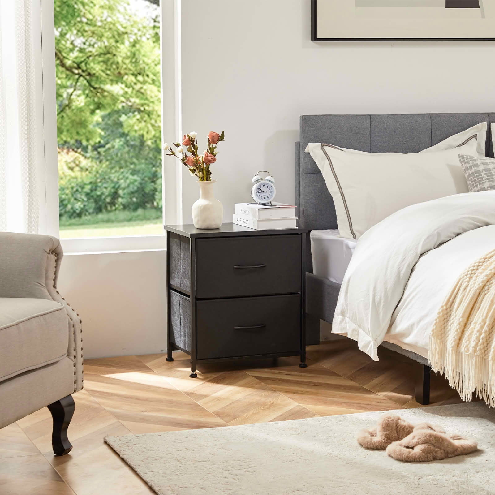 MAYEERTY Fabric Chest of Drawers Nightstand, Metal Frame Dresser with Wooden Top, 2 Drawer Storage Organizer for Bedroom