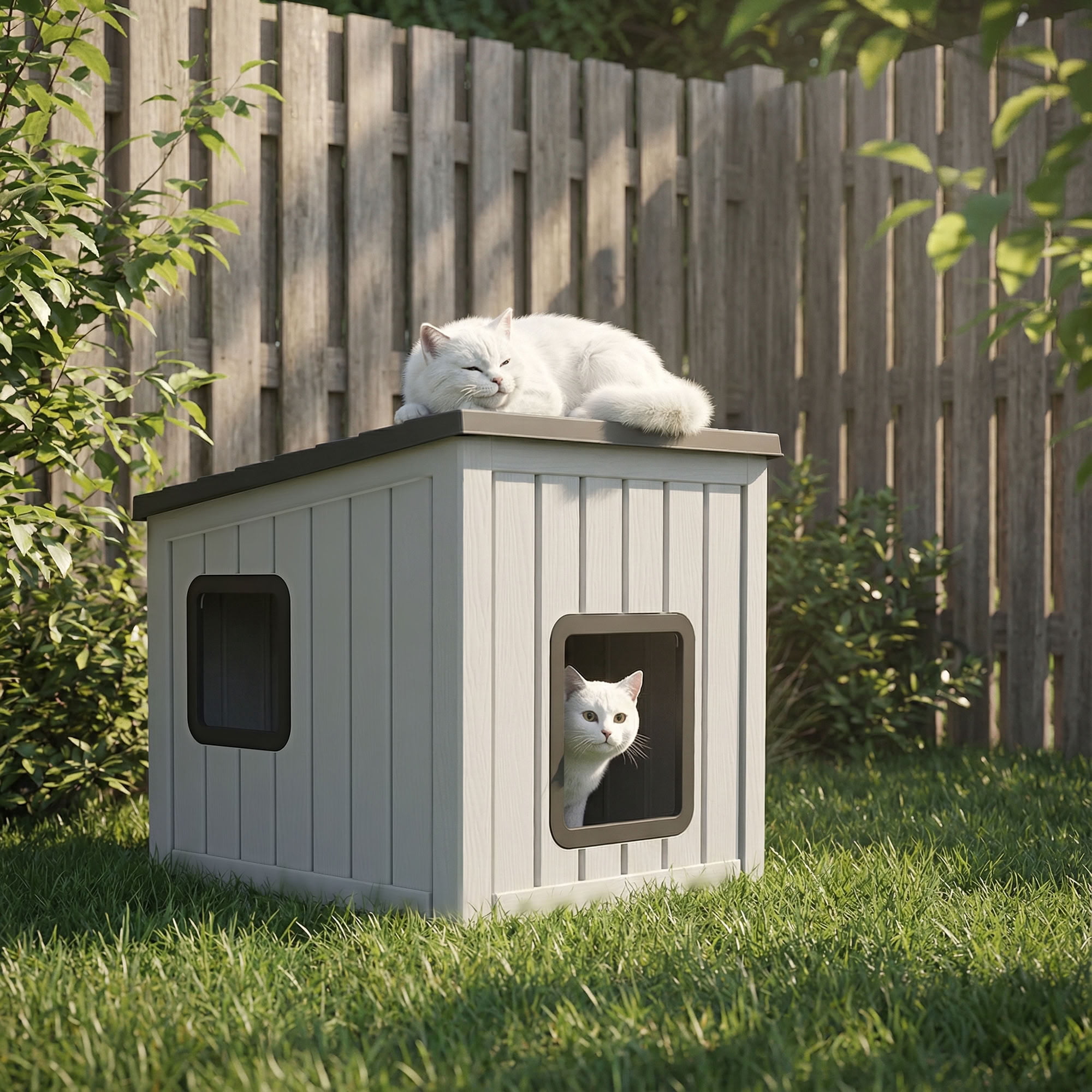 MAYEERTY Dual-Door Cat House for Indoor & Outdoor, Rain-Resistant Sloped Roof Pet Retreat with Easy-Clean Leak Holes