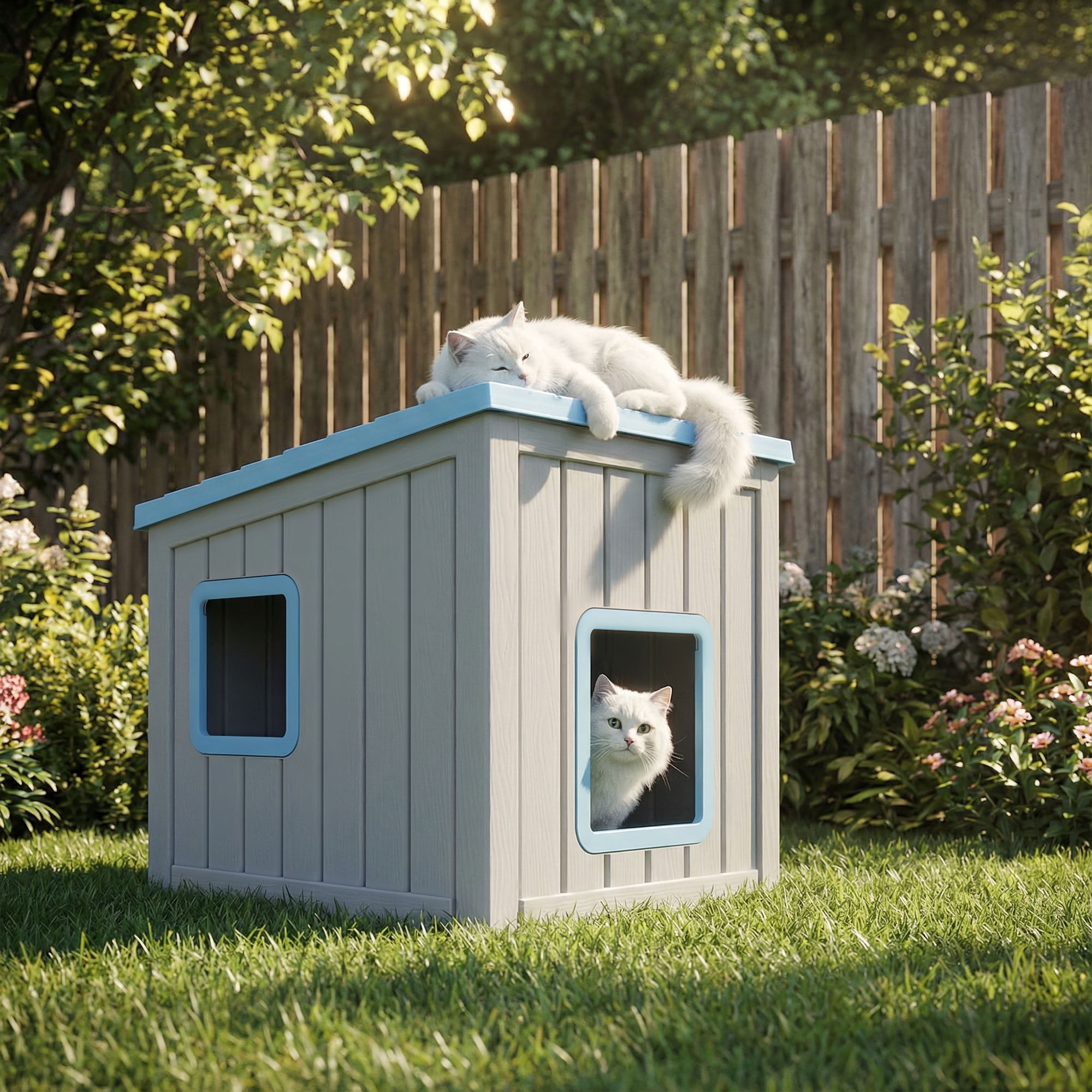 MAYEERTY Dual-Door Cat House for Indoor & Outdoor, Rain-Resistant Sloped Roof Pet Retreat with Easy-Clean Leak Holes