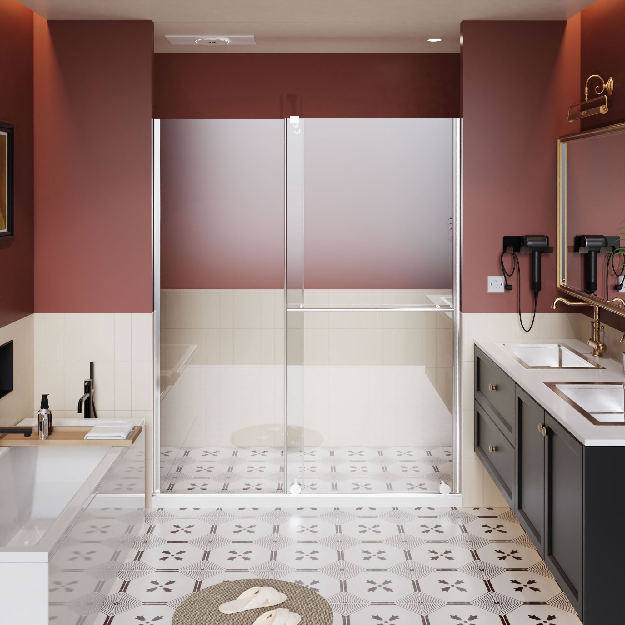 MAYEERTY Dual-Use Shower Sliding Door, Chrome Frame, 1/4" Tempered Glass with Stainless Steel Handle & Supporting Bar, Waterproof & Adjustable Width