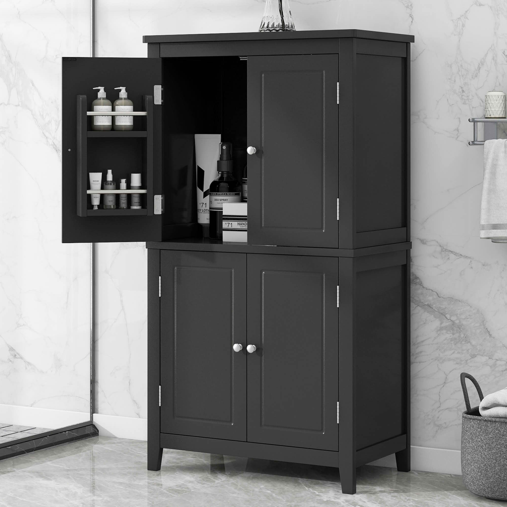MAYEERTY Elegant Bathroom Cabinet Freestanding 4 Doors Adjustable Shelves Black