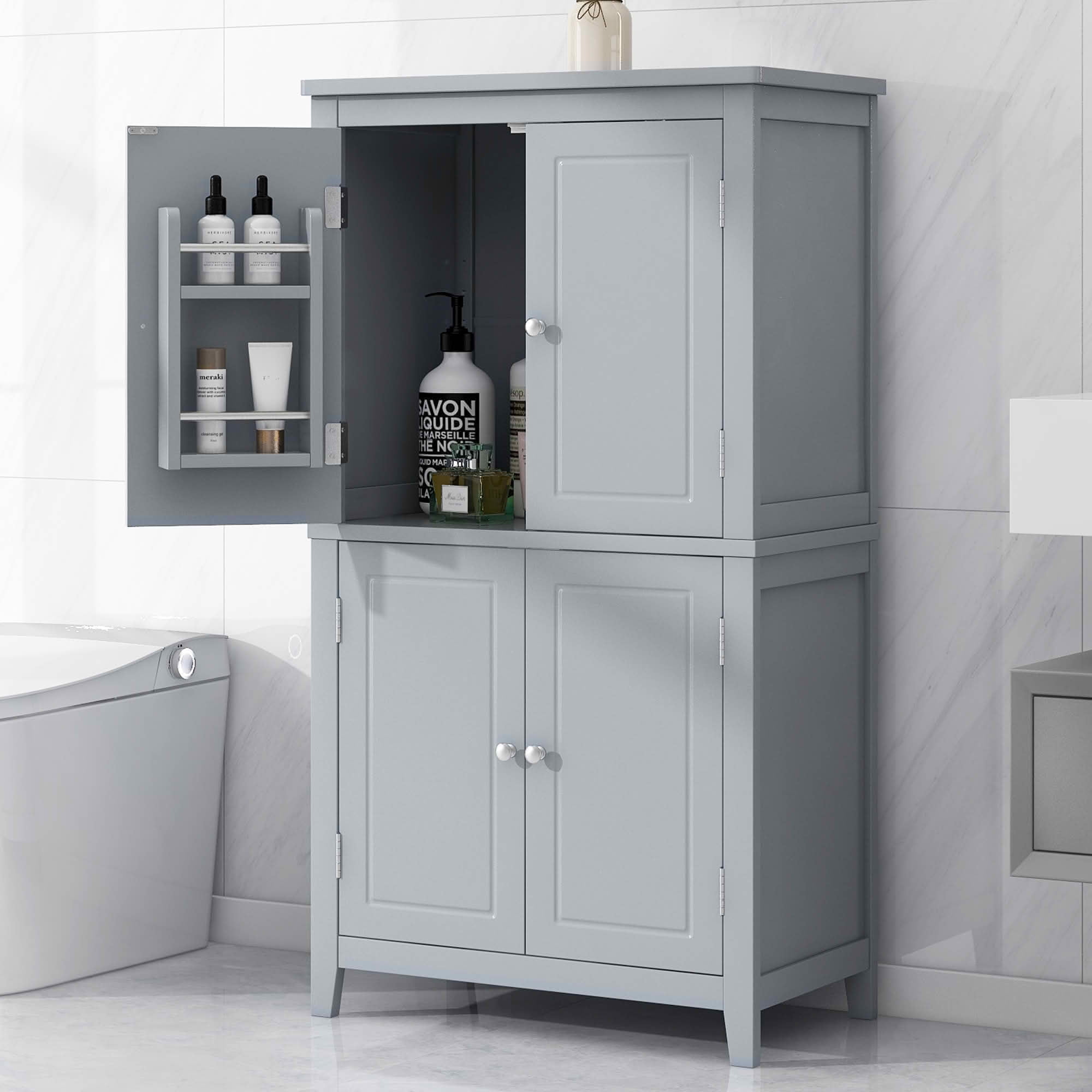 MAYEERTY Elegant Bathroom Cabinet Freestanding 4 Doors Adjustable Shelves Gray