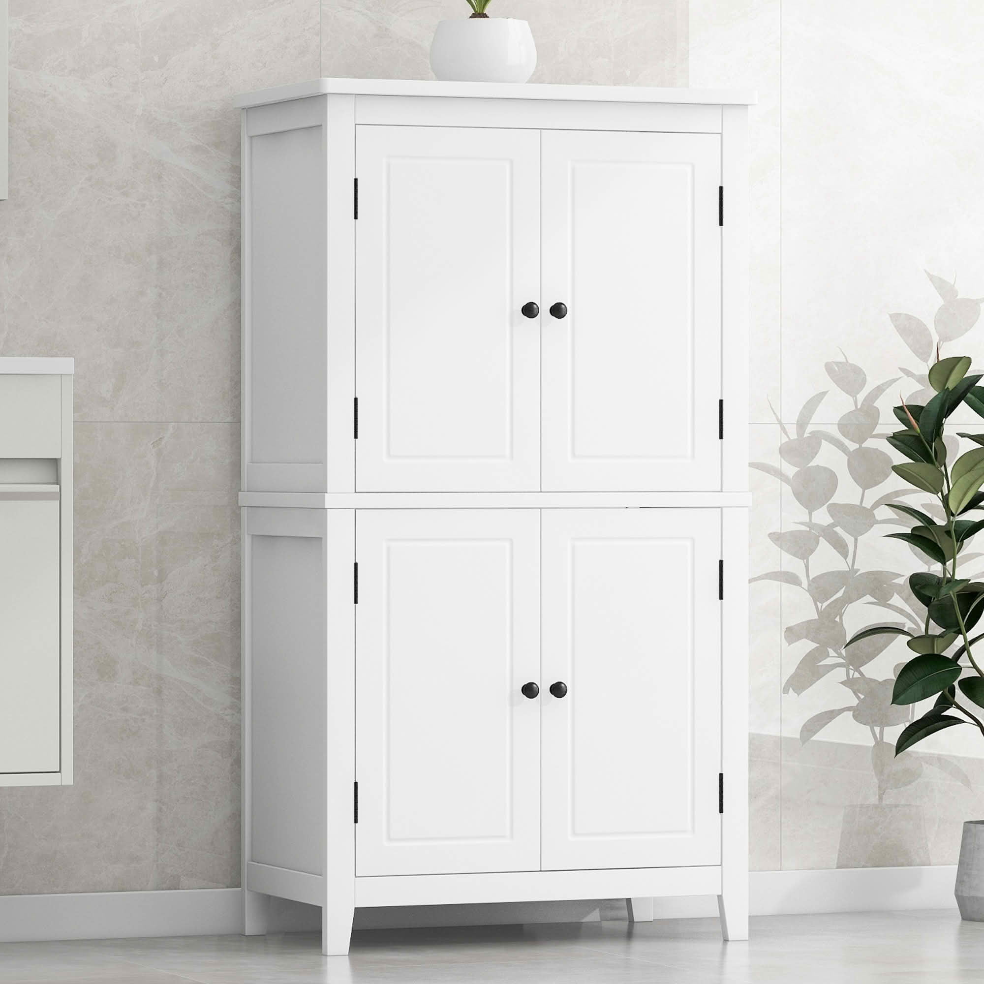 MAYEERTY Elegant Bathroom Cabinet Freestanding 4 Doors Adjustable Shelves White