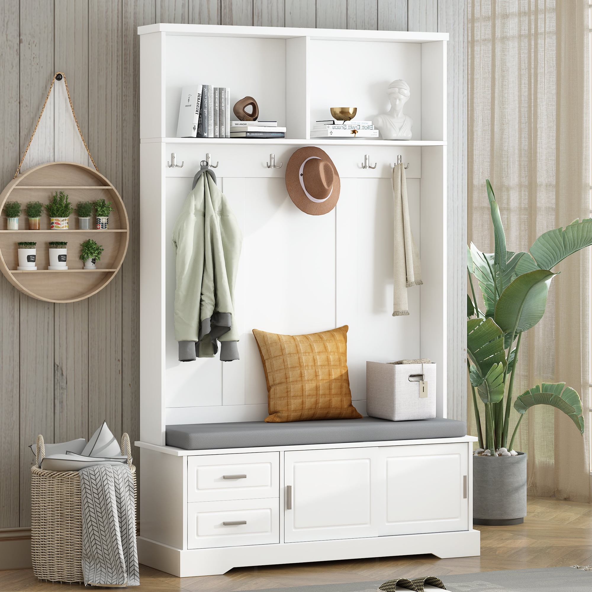 MAYEERTY Elegant Hall Tree:Sliding Doors, 6 Hooks & Handles, Mudroom Bench Cabinet with Shoe Storage, White