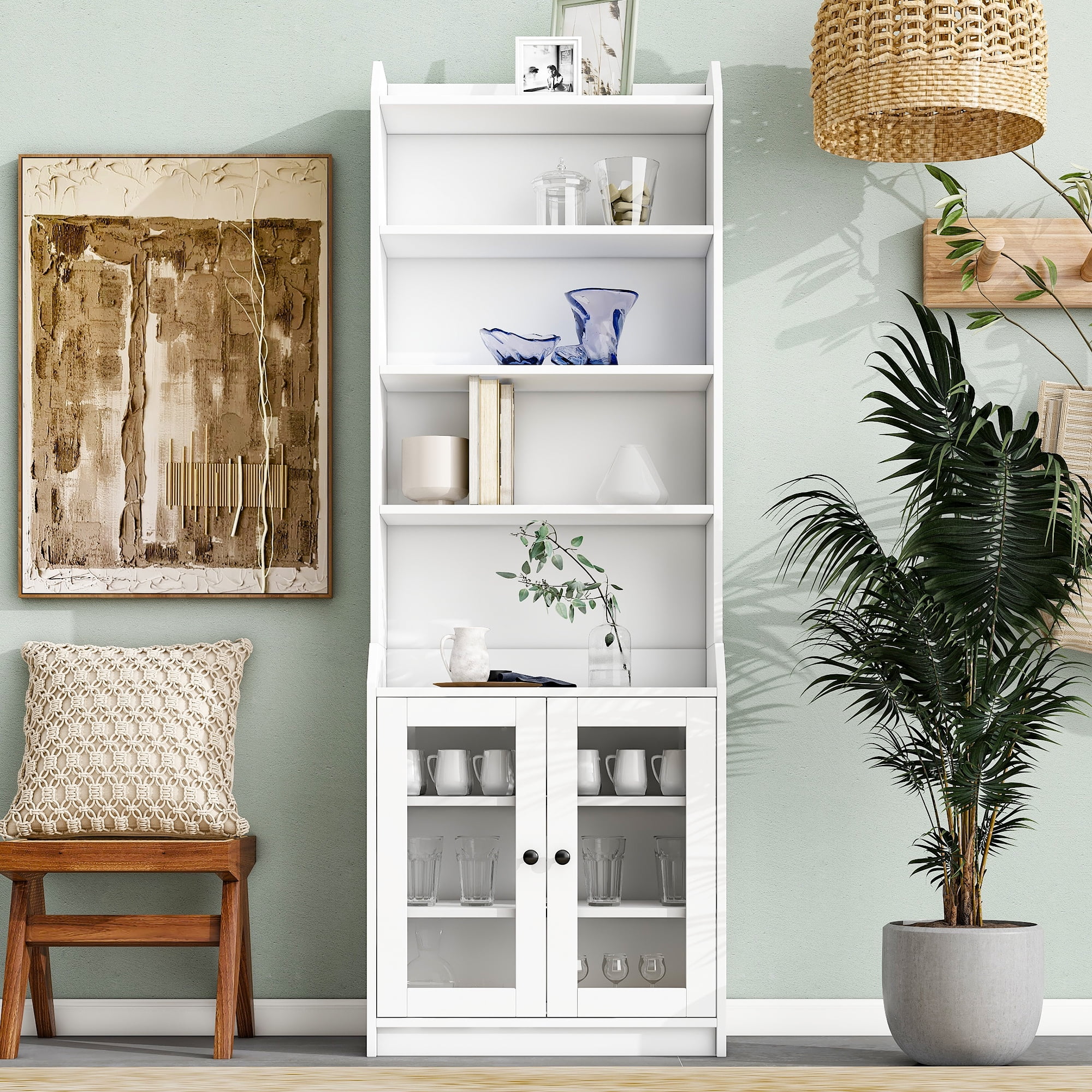 MAYEERTY Elegant Tall Cabinet with Acrylic Door - Contemporary Bookshelf & Sideboard for Living Room, White