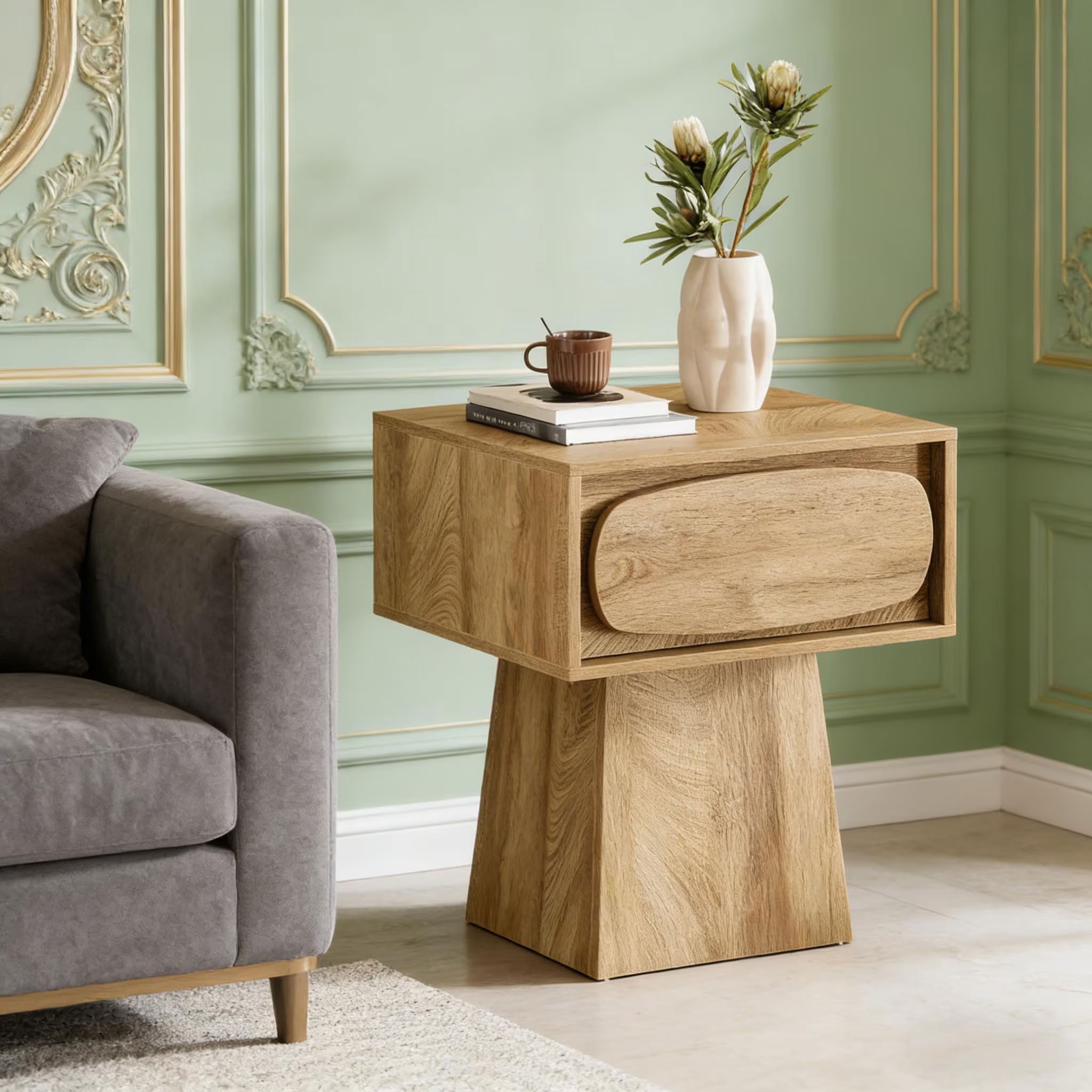 MAYEERTY End Table with Storage Drawer, Modern Wooden Side Table with Curved Handle, Compact Table for Living Room, Bedroom, Small Spaces