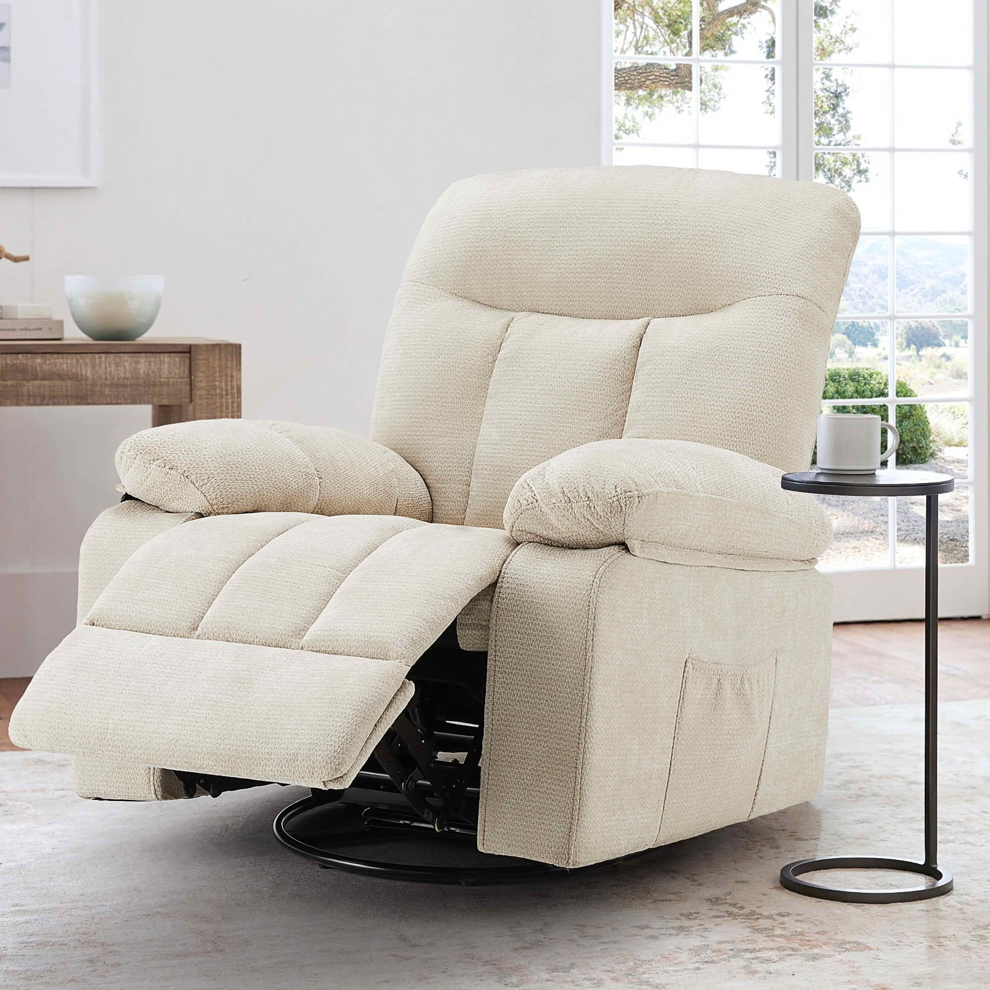 MAYEERTY Ergonomic Adjustable Rocking Rotating Lounge Chair, Vibration Massage Recliner with Lumbar Heating, Chenille Fabric High Load‑Bearing Leisure Chair for Home Use
