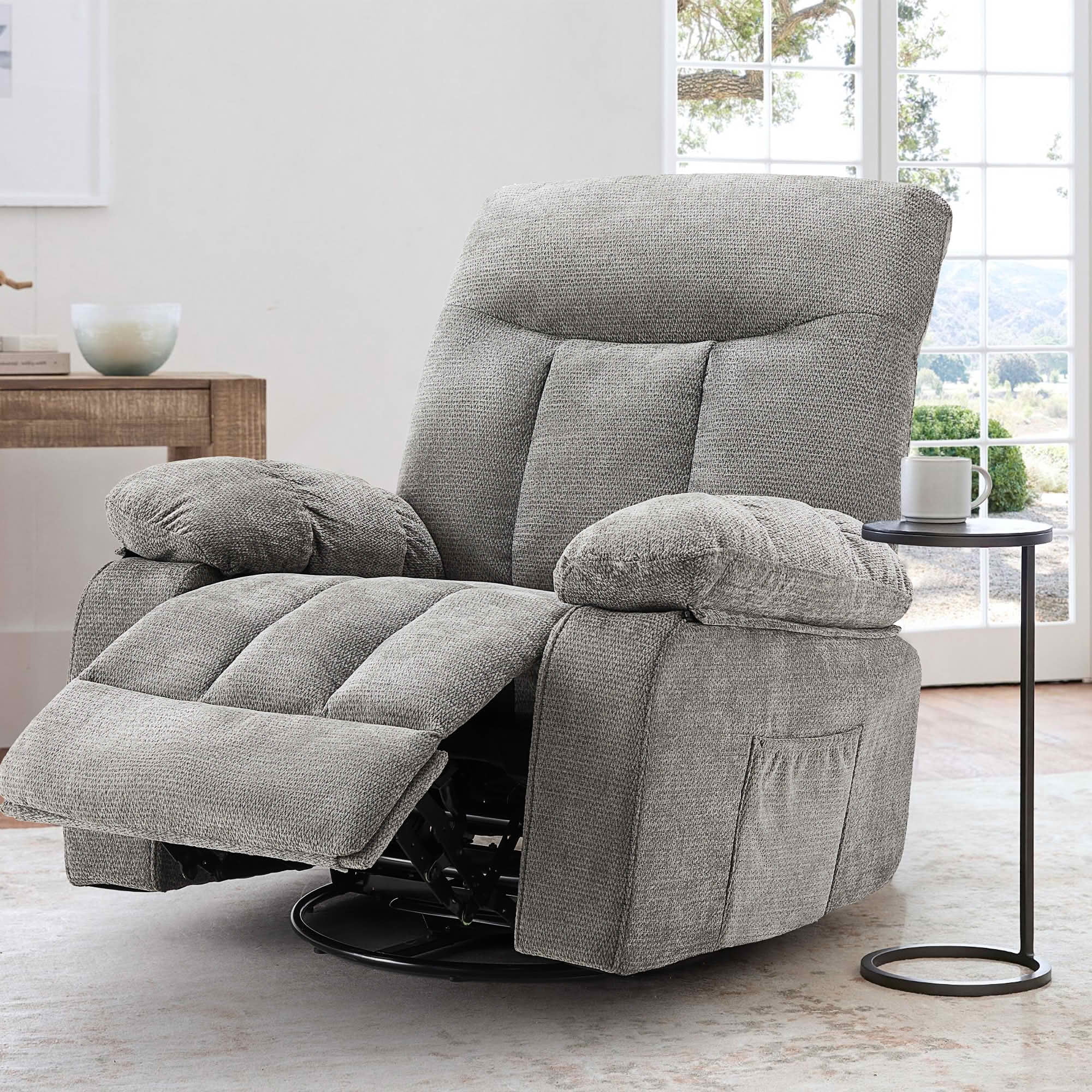 MAYEERTY Ergonomic Adjustable Rocking Rotating Lounge Chair, Vibration Massage Recliner with Lumbar Heating, Chenille Fabric High Load‑Bearing Leisure Chair for Home Use