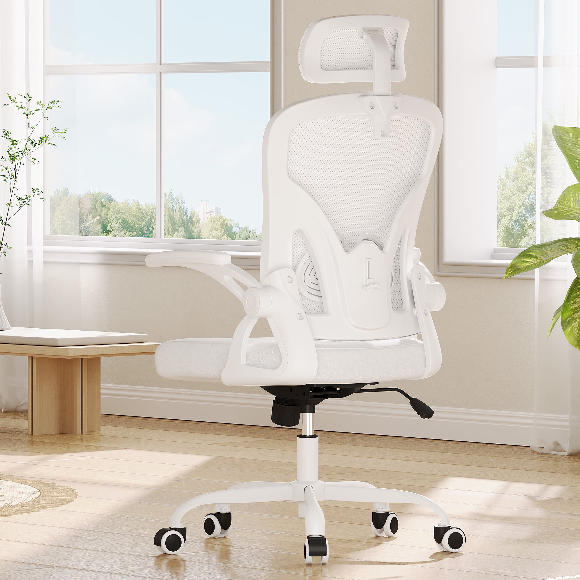 MAYEERTY Ergonomic Home Office Chair with Headrest, Flip-Up Armrests, Adjustable Lumbar Support, White