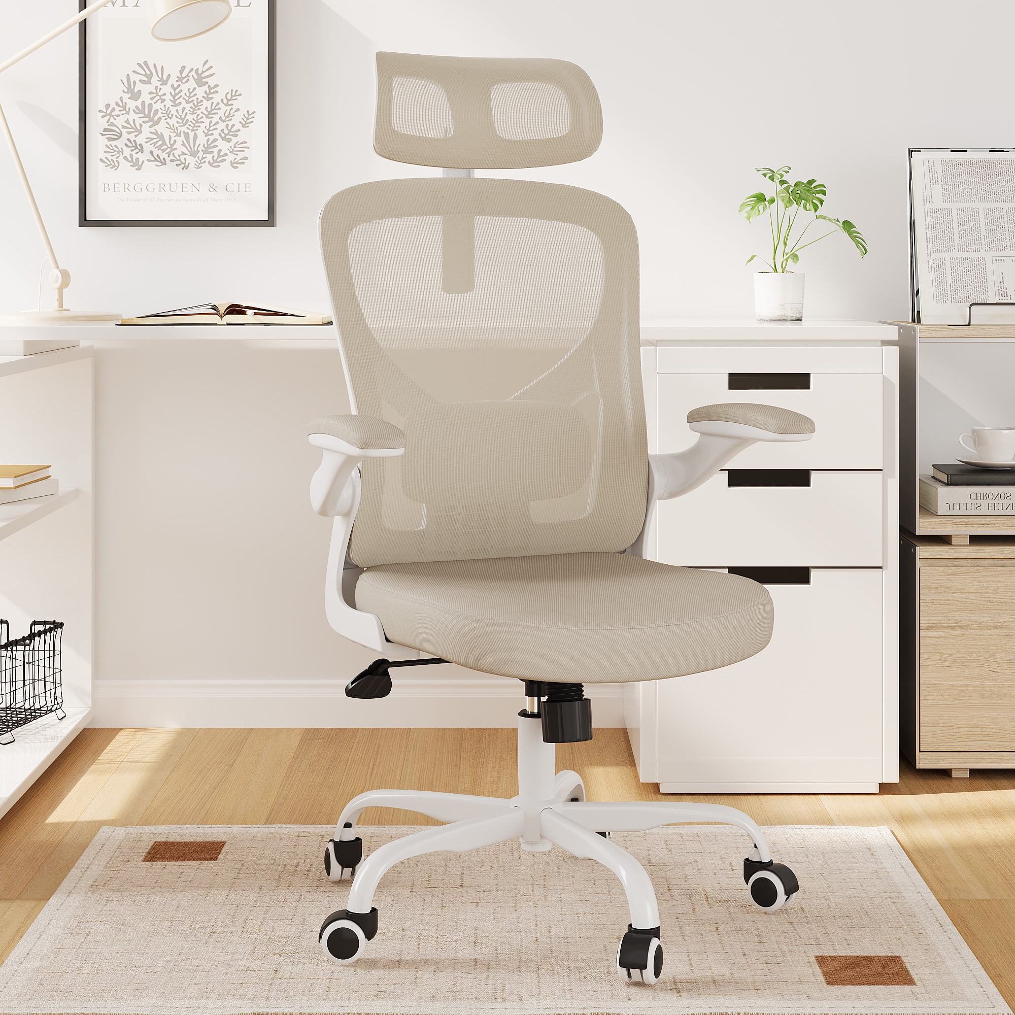 MAYEERTY Ergonomic Home Office Chair with Lumbar Support, Flip-Up Armrests, Headrest for Work & Study,Black