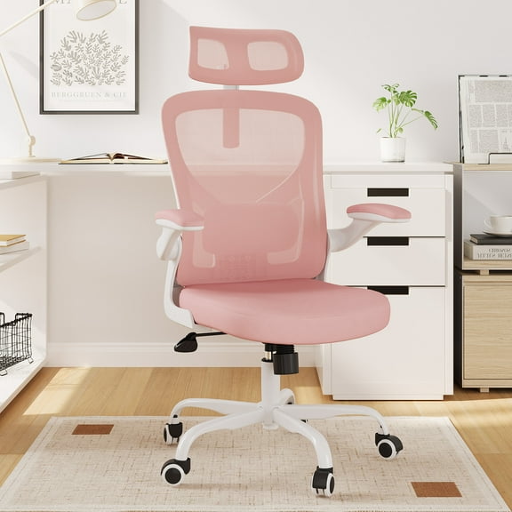 MAYEERTY Ergonomic Home Office Chair with Lumbar Support, Flip-Up Armrests, Headrest for Work & Study,Pink